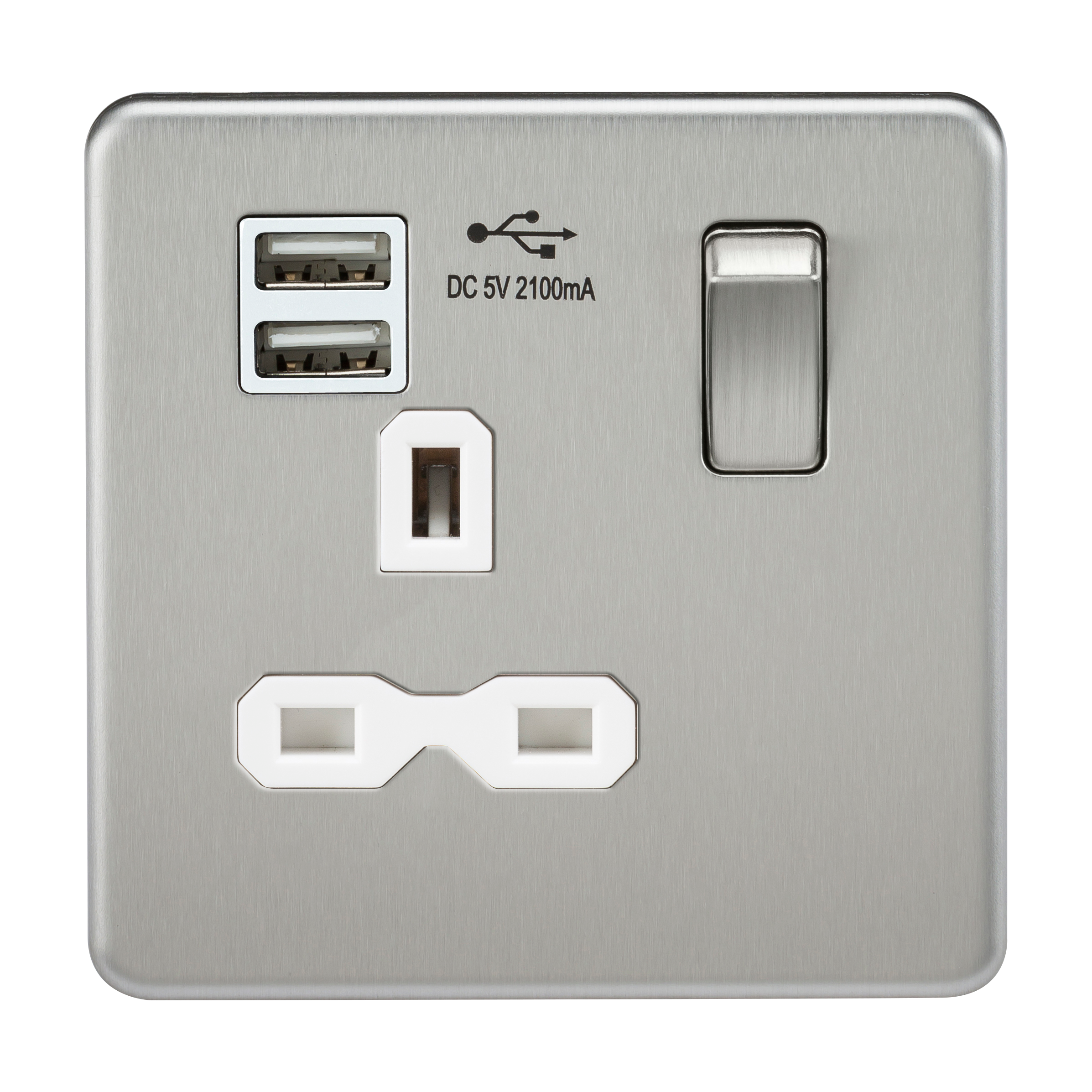 1G 13A Screwless Brushed Chrome 1G Switched Socket with Dual 5V USB Charger Ports - White Insert
