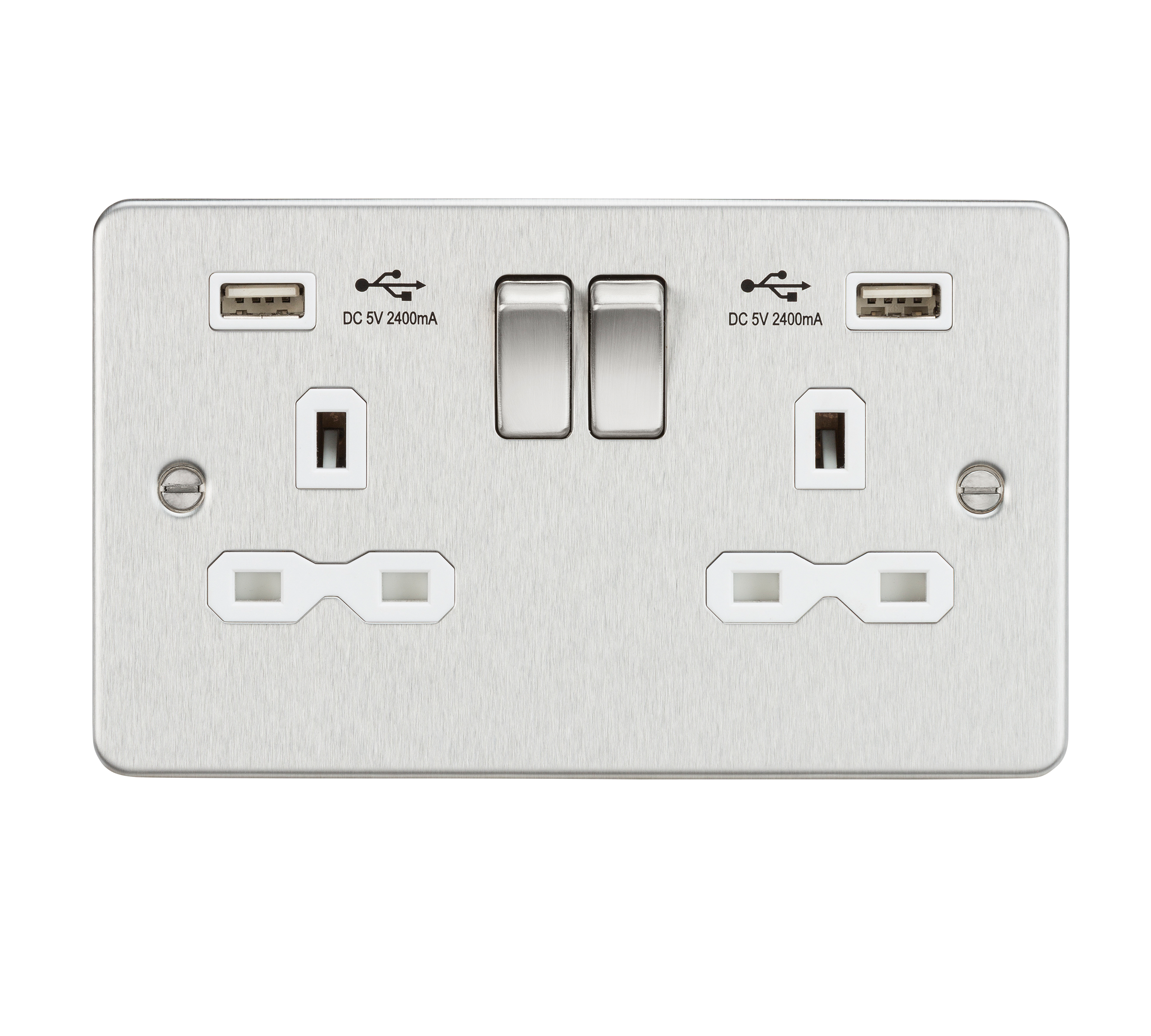 13A 2G switched socket with dual USB charger A + A (2.4A) - Brushed chrome with white insert
