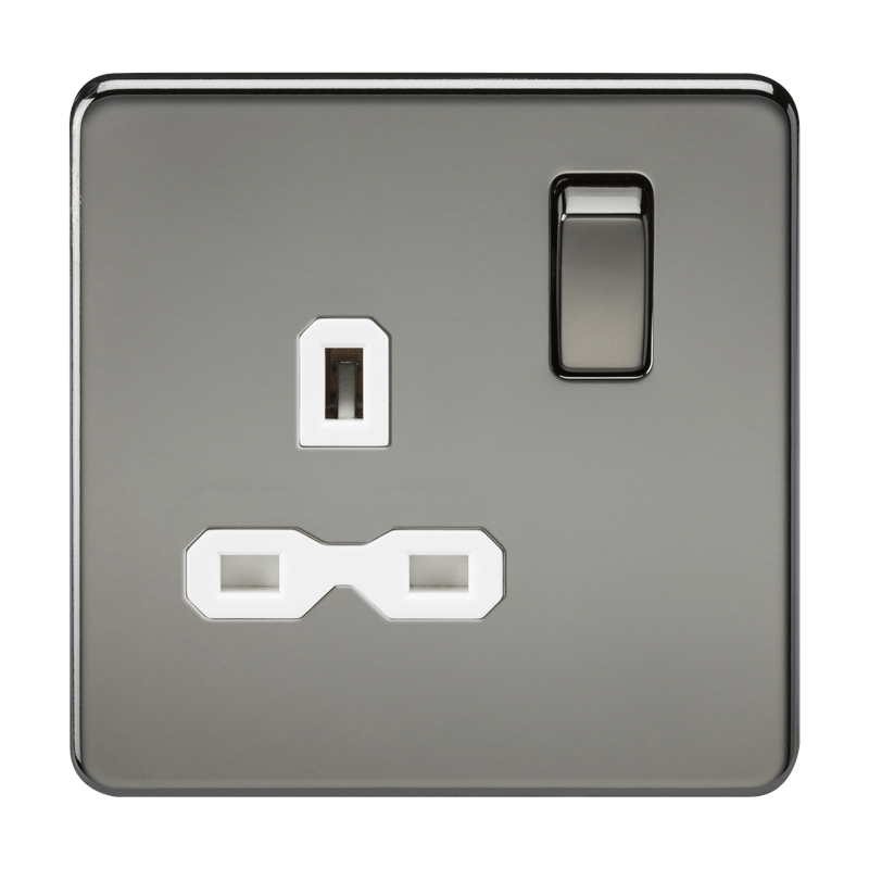 1G DP 13A Screwless Black Nickel 230V UK 3 Pin Switched Electrical Wall Socket - White Insert
