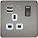 1G 13A Screwless Black Nickel 1G Switched Socket with Dual 5V USB Charger Ports - White Insert