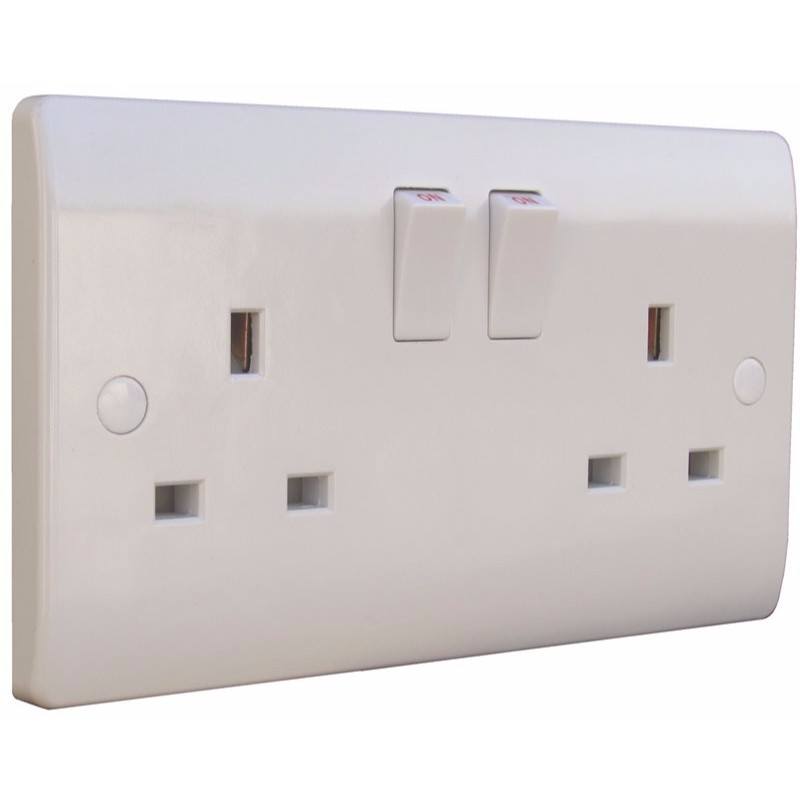 Sline 13A White 2G Twin 230V UK 3 Switched Electric Wall Socket