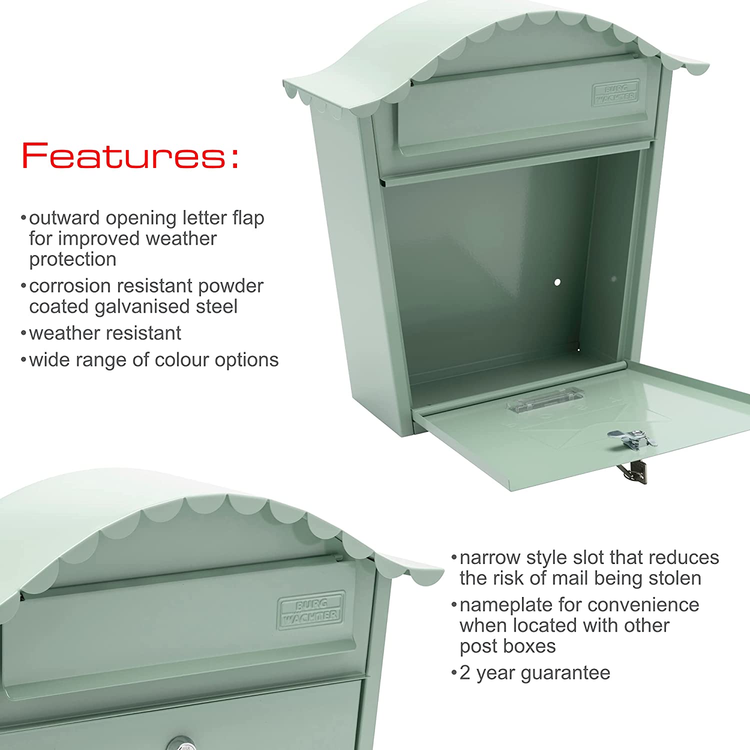 Classic Galvanised Steel Wall Mounted Postbox, Chartwell Green