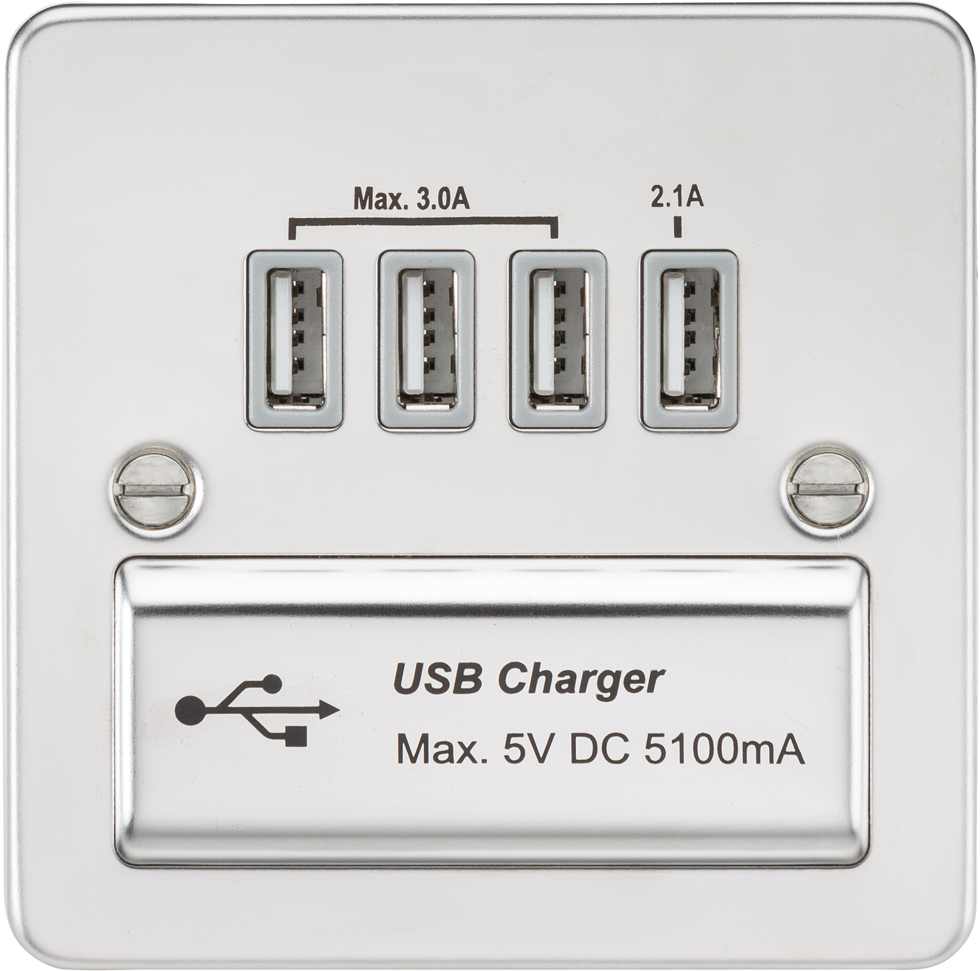 Flat plate Quad USB charger outlet - Polished chrome with grey insert