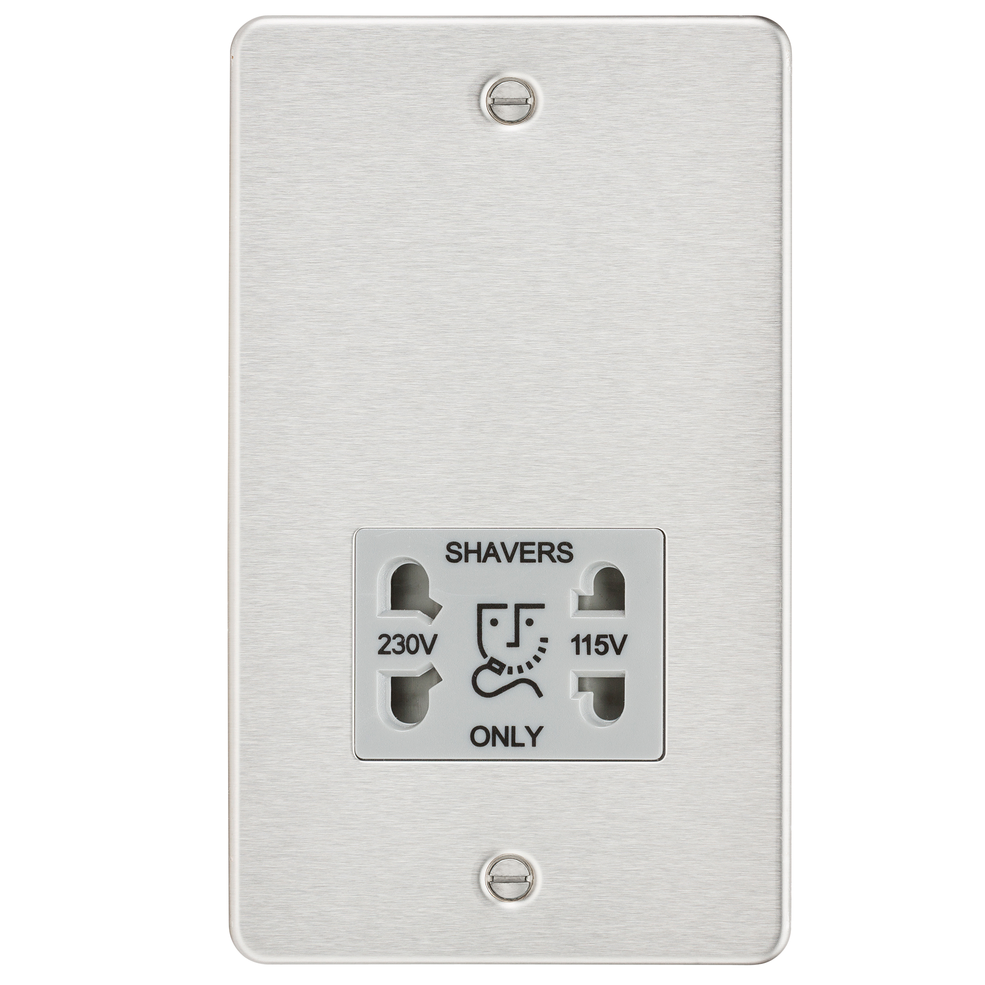 Flat plate 115/230V dual voltage shaver socket - brushed chrome with grey insert