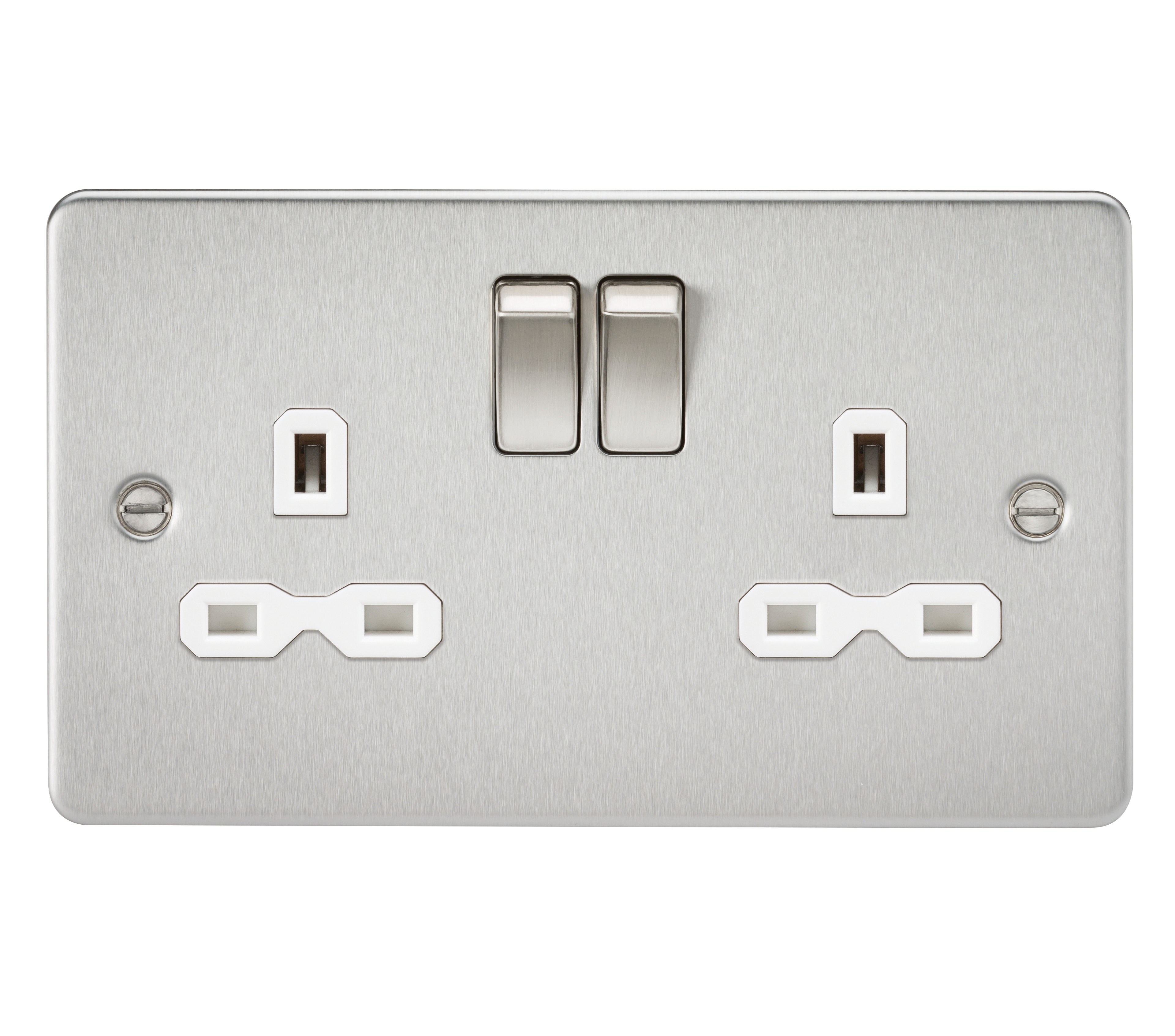 Brushed Chrome 13A 2G DP Switched Flat Plate Socket - White Insert