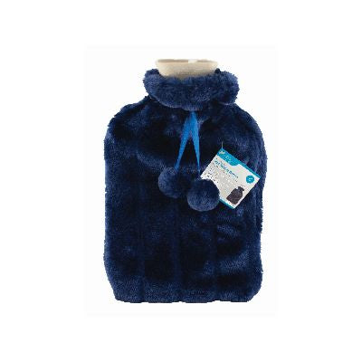 2L Hot Water Bottle With Plush Faux Fur Cover, Dark Blue