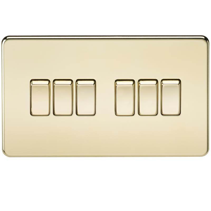 10A 6G 2 Way 230V Screwless Polished Brass Electric Wall Plate Switch
