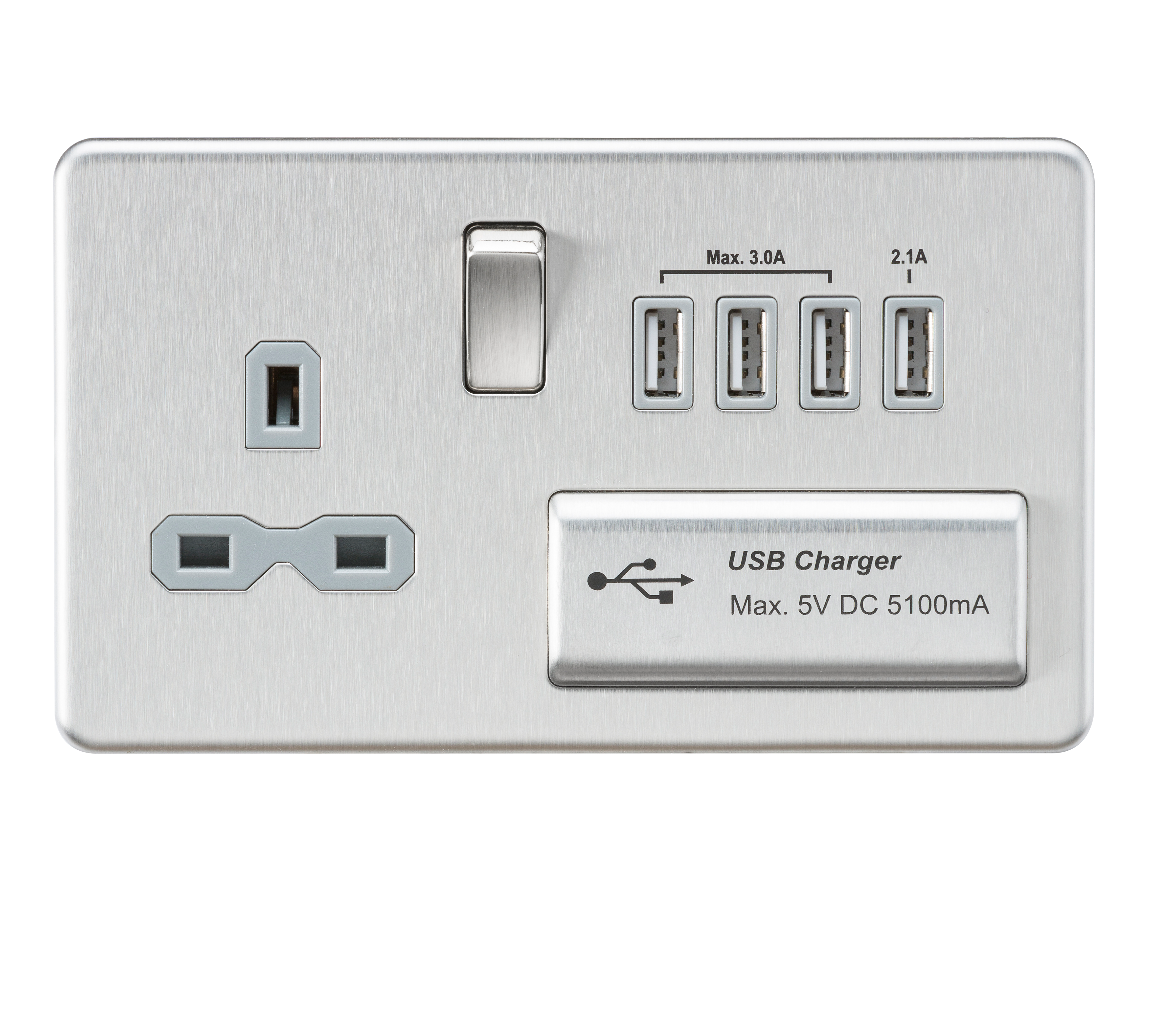 Screwless 13A switched socket with quad USB charger (5.1A) - brushed chrome with grey insert
