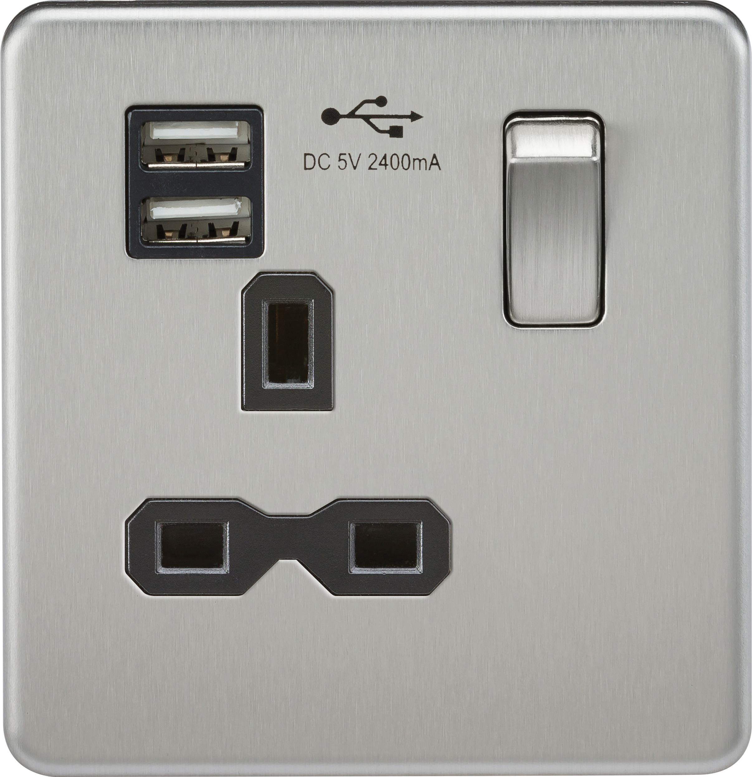 13A 1G Screwless Brushed Chrome 1G Switched Socket with Dual 5V USB Charger Ports - Black Insert