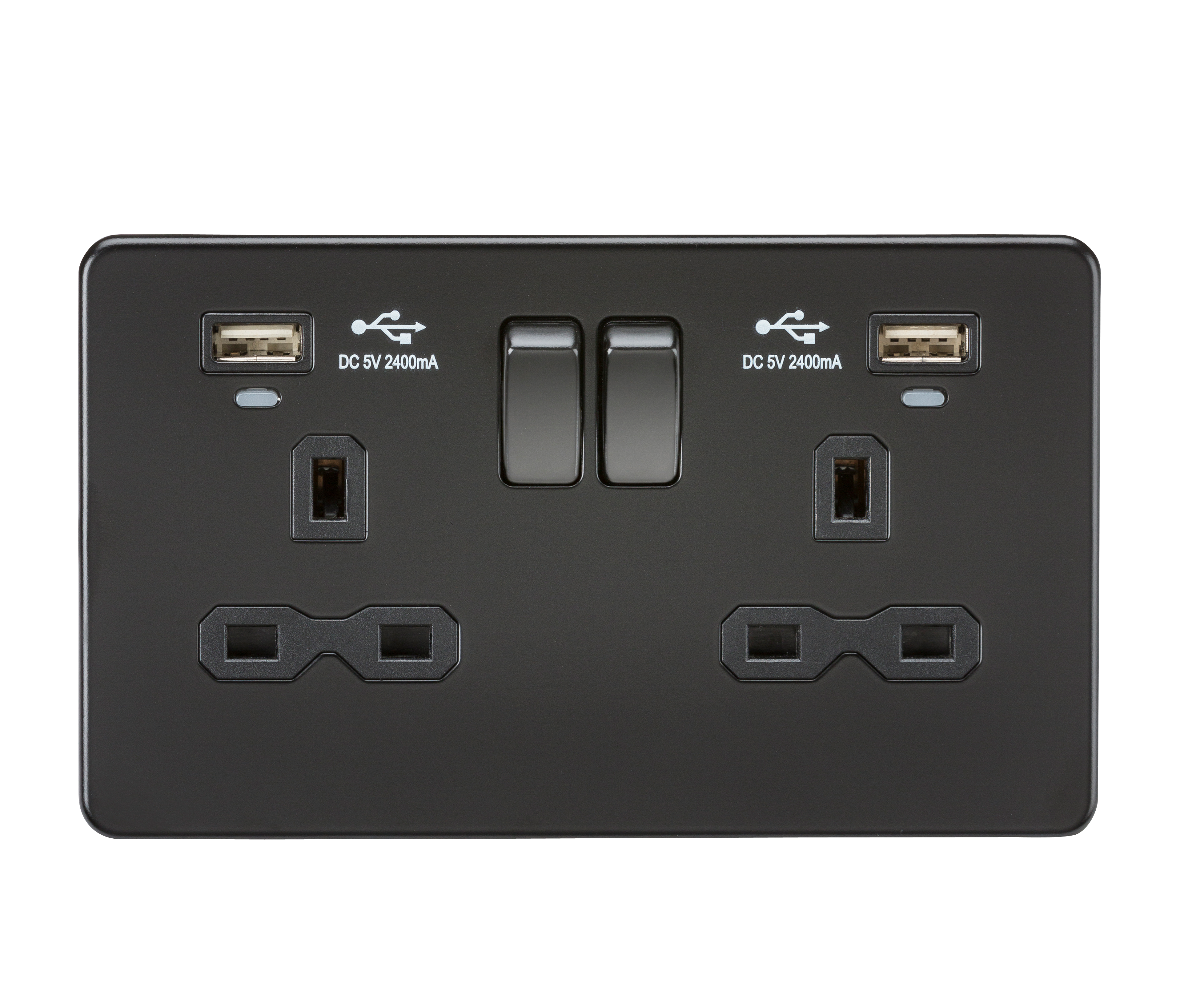 13A 2G Switched Socket, Dual USB (2.4A) with LED Charge Indicators - Matt Black