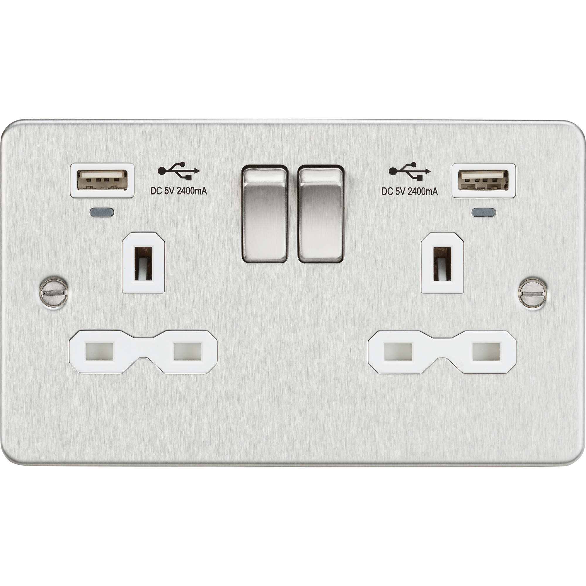 Flat Plate 13A 2G switched socket with USB chargers (2.4A) - Brushed Chrome with white insert