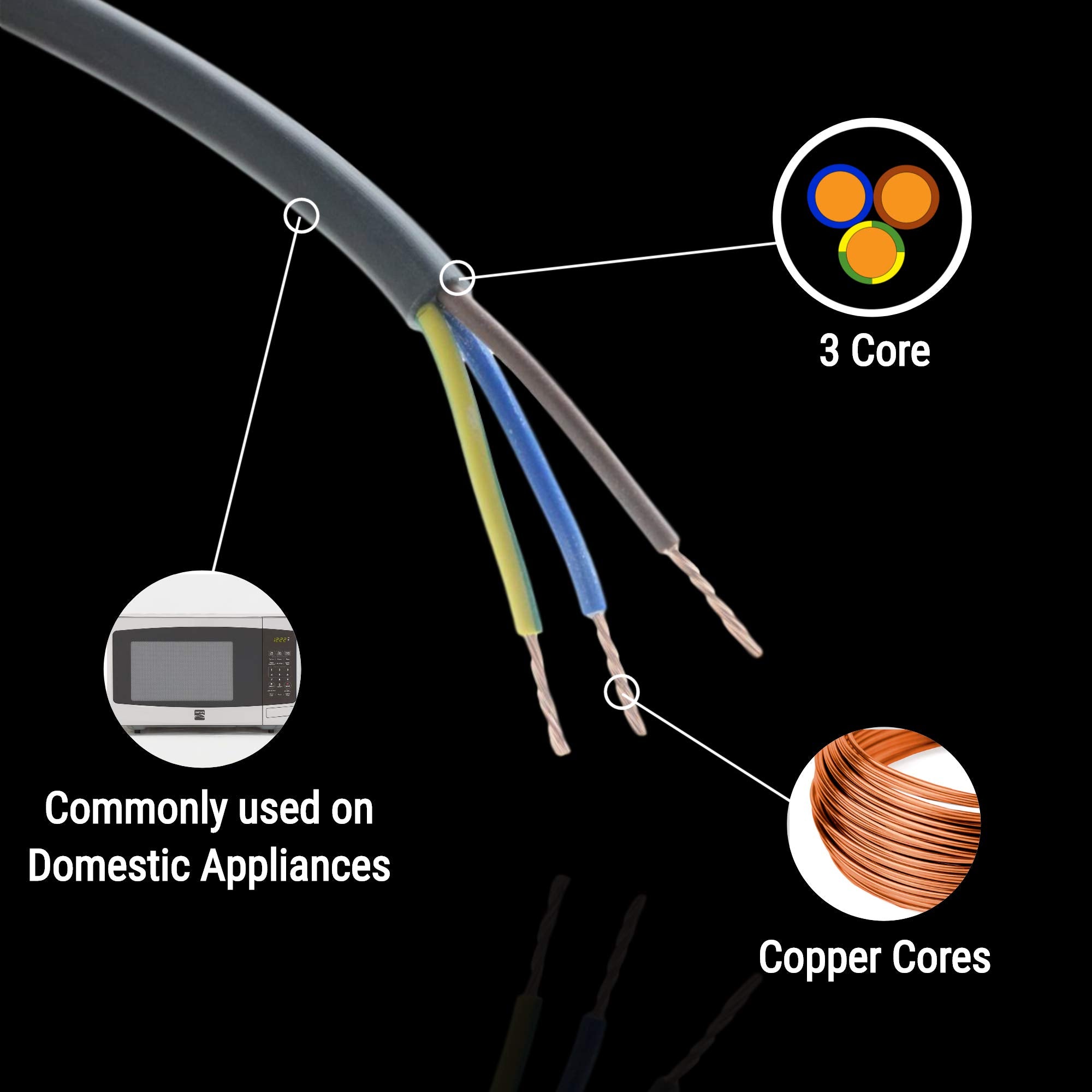 1.5mm 3 Core Black Cable Flexible 3183Y - 5m