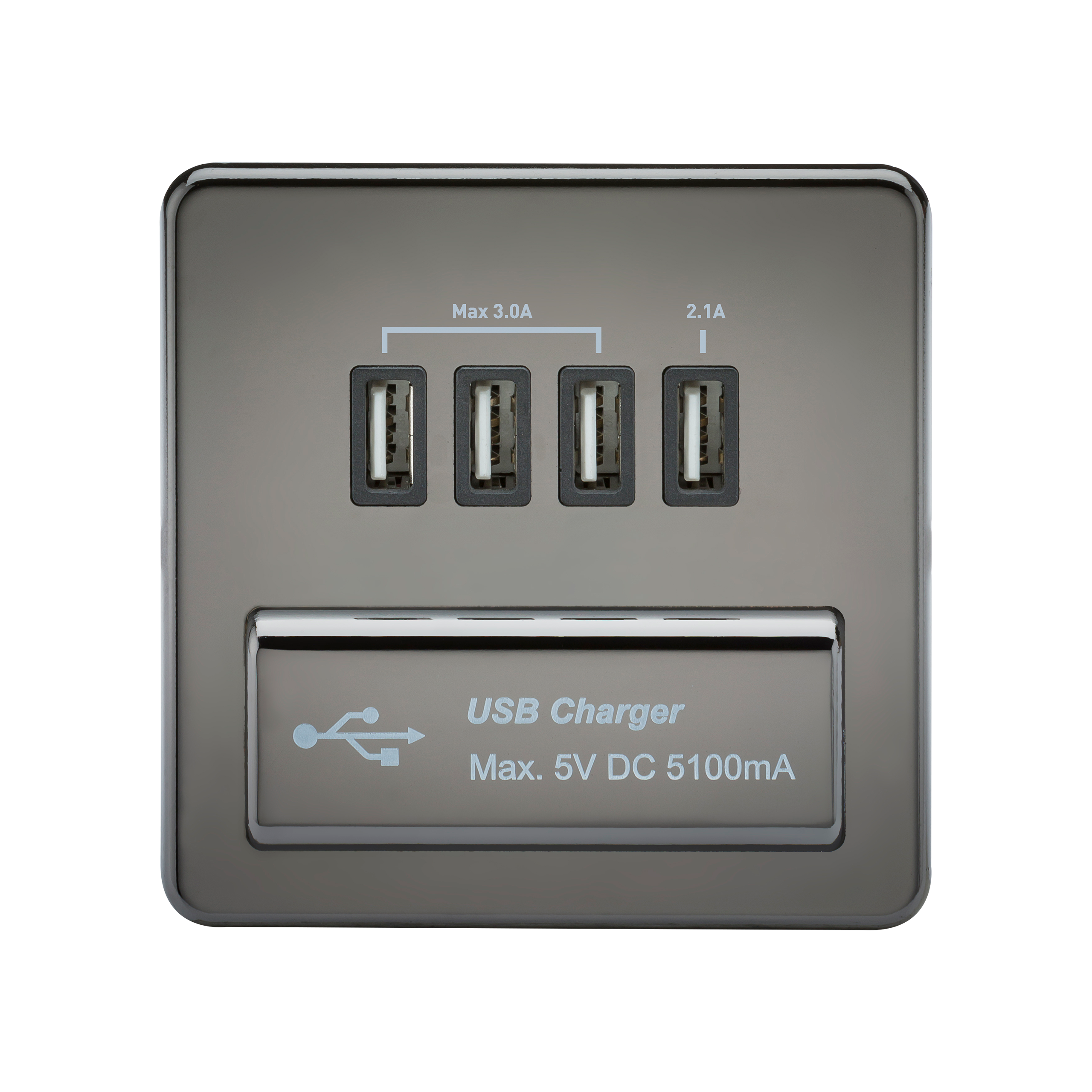 1G Screwless Black Nickel Quad USB 5V Charger Outlet - Black Insert
