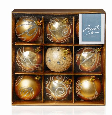 9 x 60mm Decorated Balls, Champagne Gold