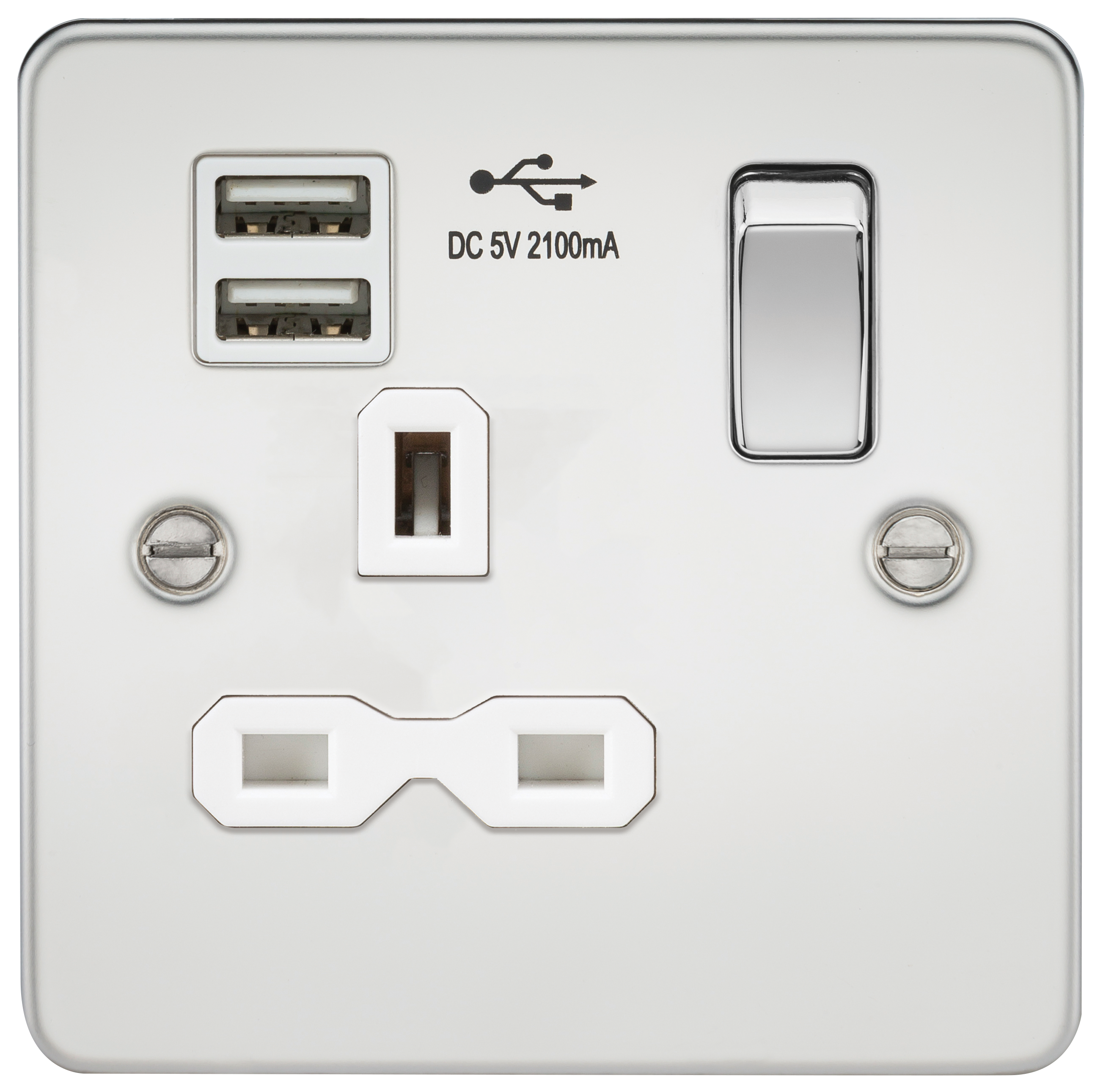 Flat plate 13A 1G switched socket with dual USB charger (2.1A) - polished chrome with white insert