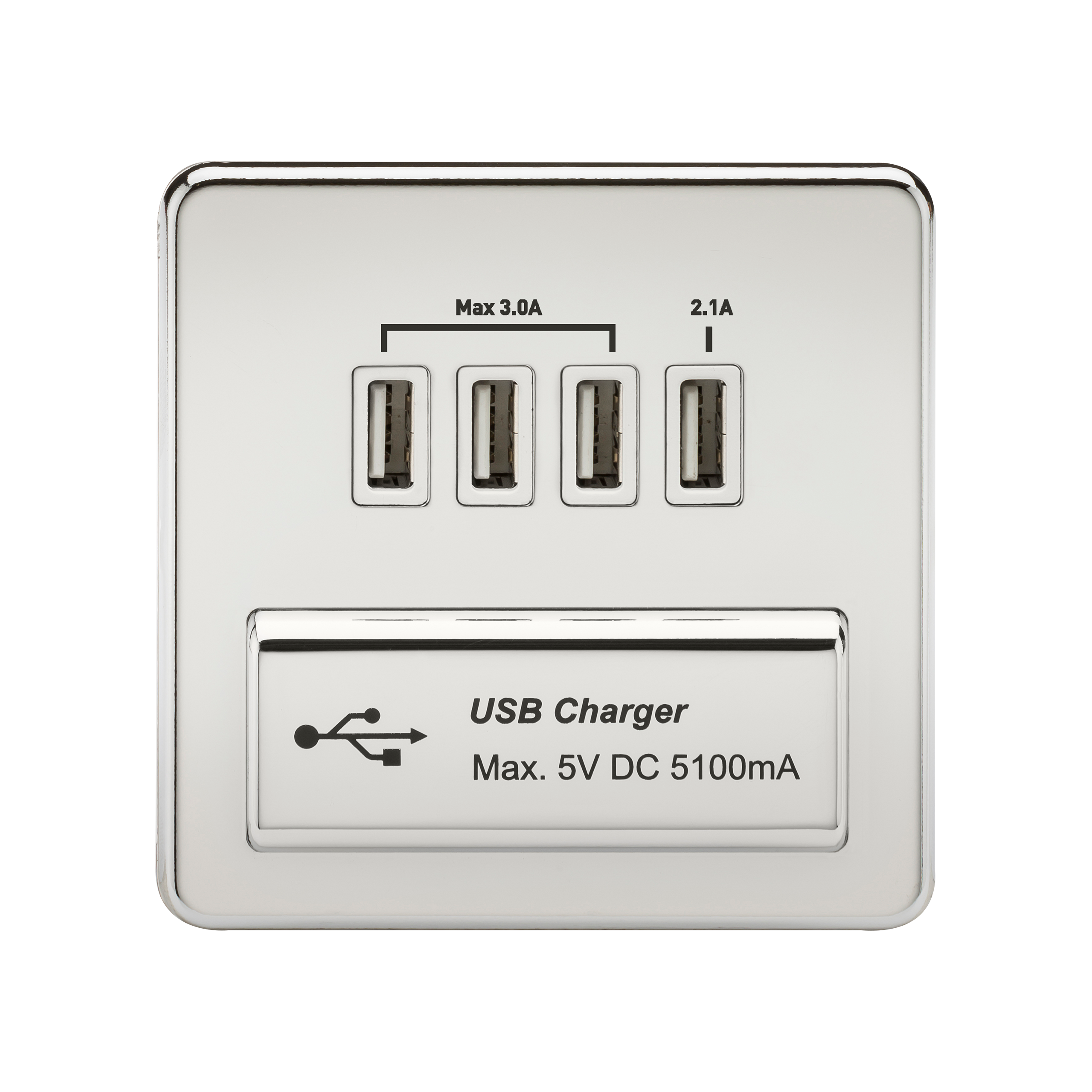 1G Screwless Polished Chrome Quad USB 5V Charger Outlet - White Insert