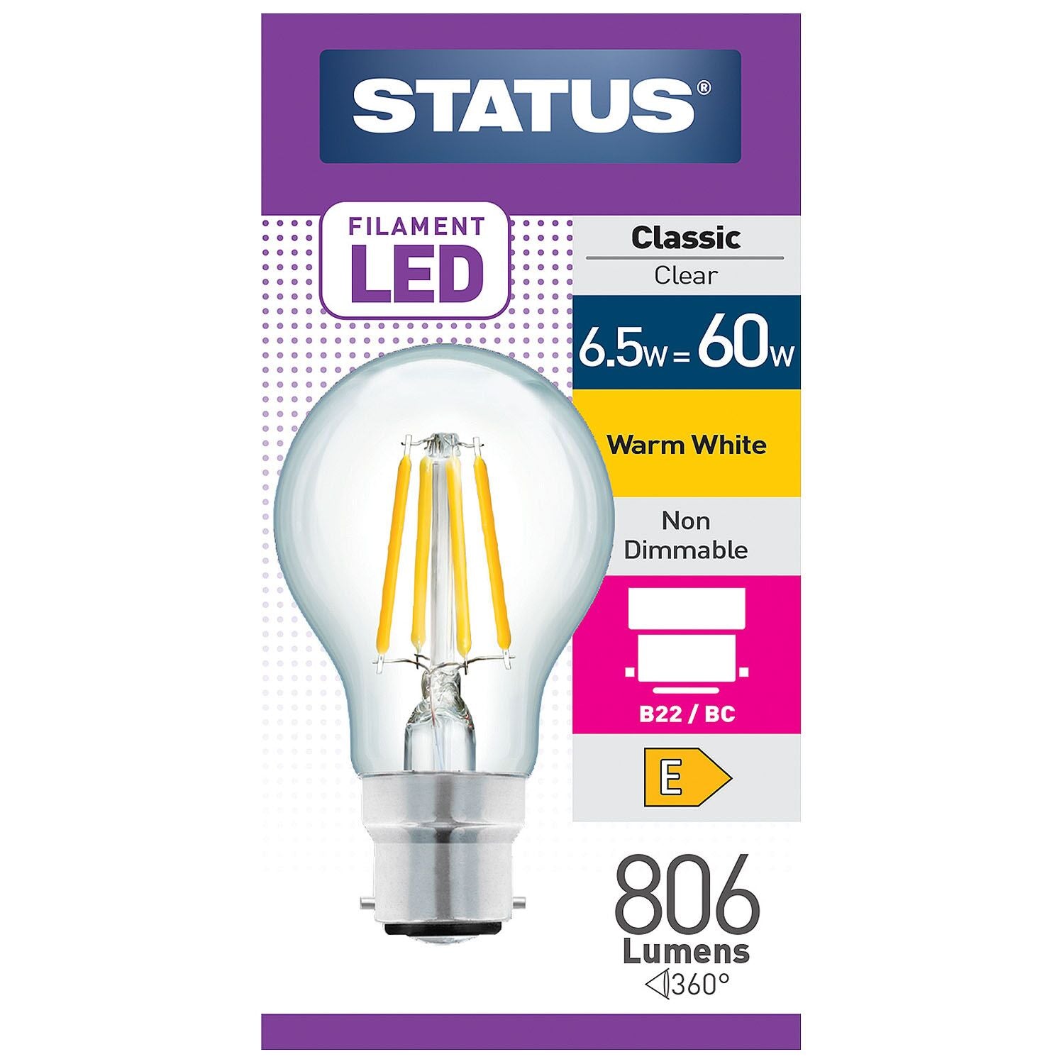 6.5 = 60w = 806 lumens - Filament LED - A60 GLS - BC - Clear - Warm White