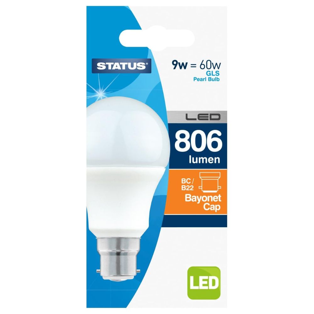 9w = 60w = 806 lumens - LED - A60 GLS - BC - PA - Pearl - Warm White