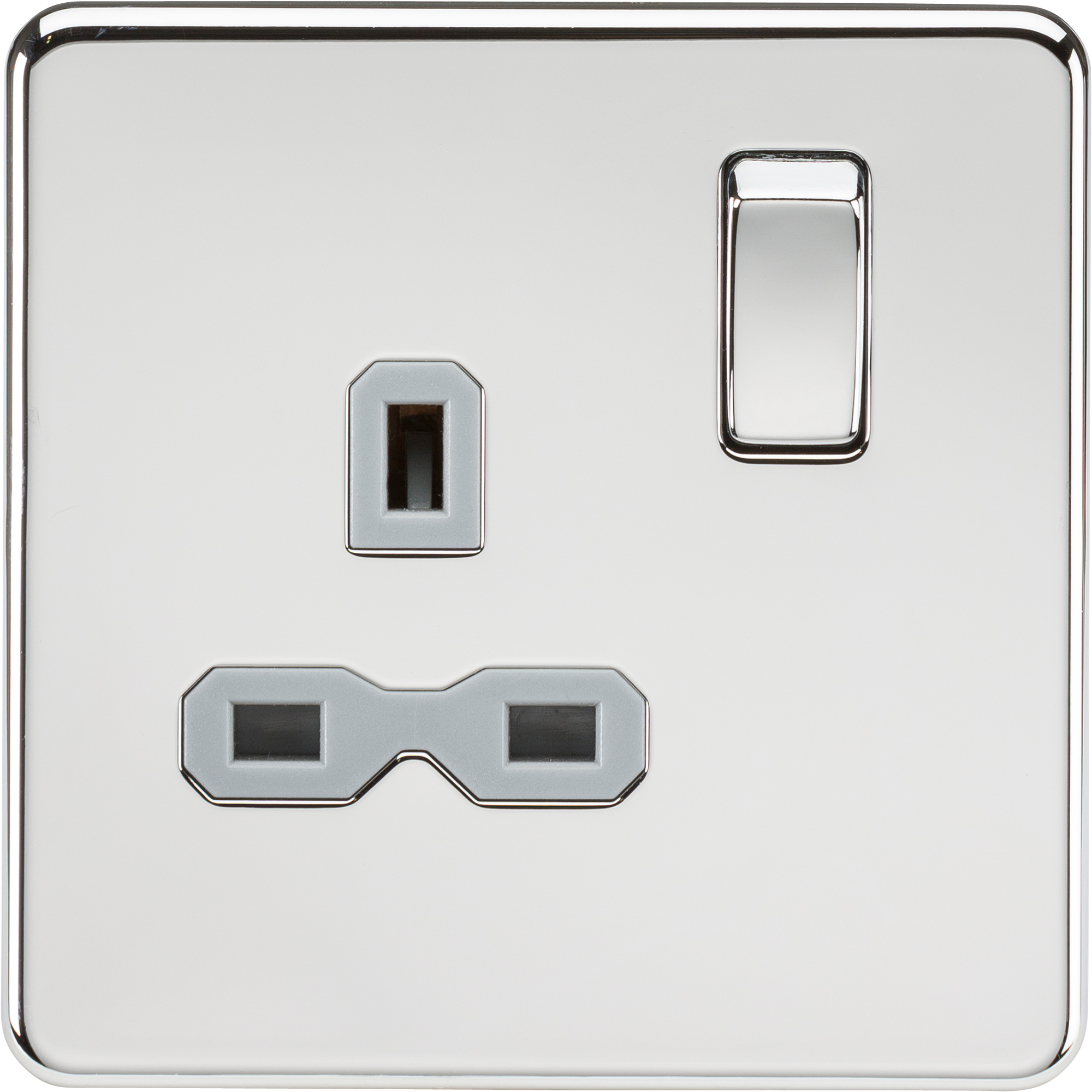 Screwless 13A 1G DP switched socket - polished chrome with grey insert