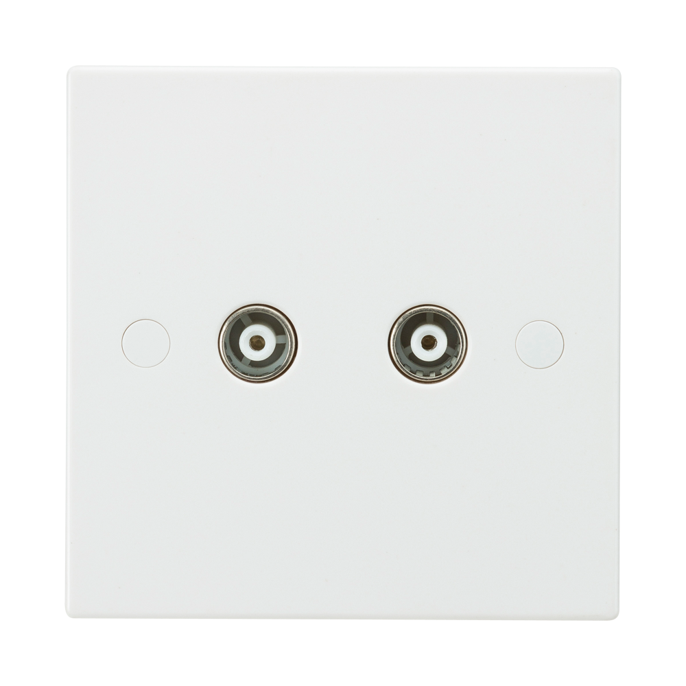 White Twin Coaxial TV Outlet Un-Isolated Single Wall Plate