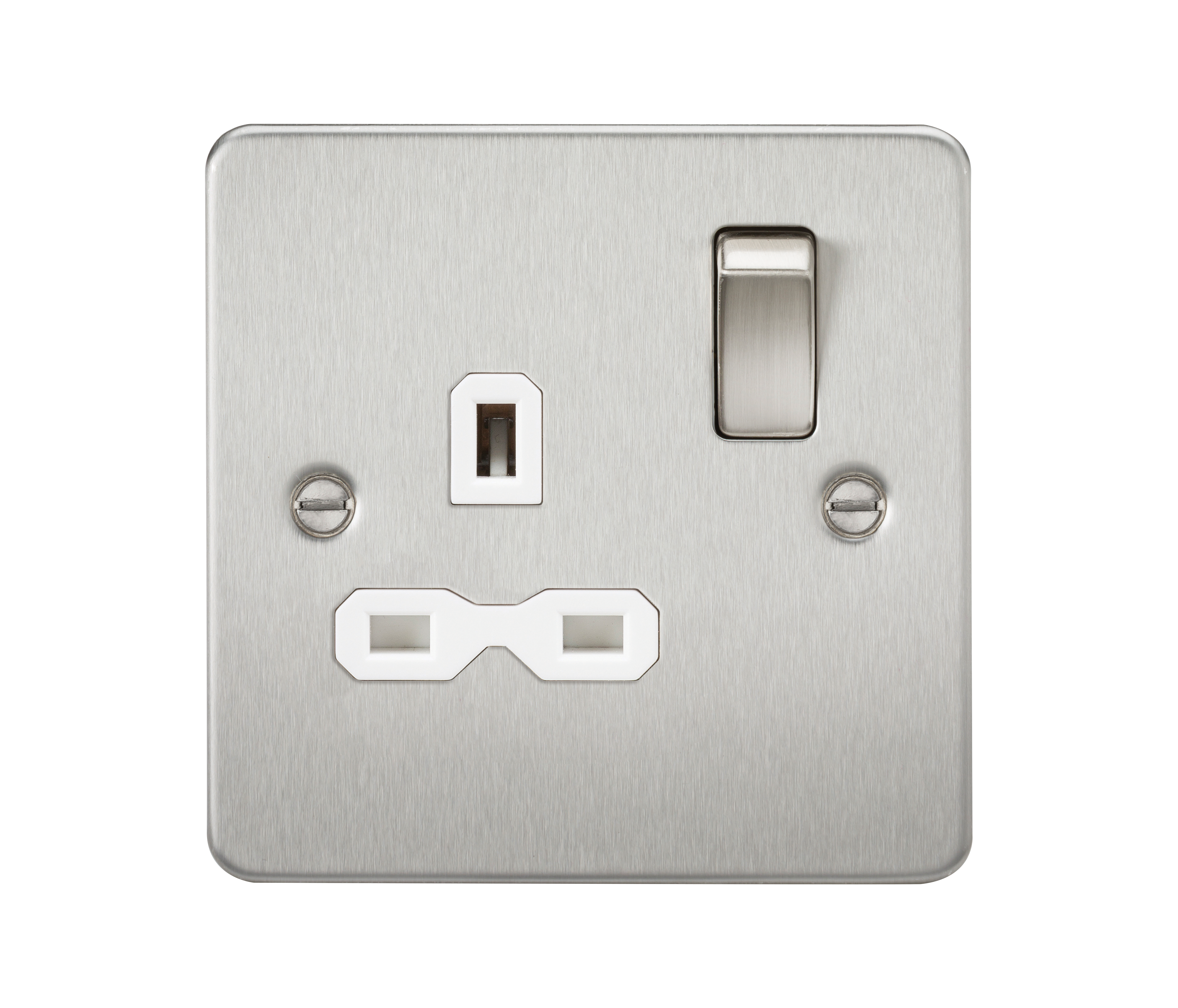 1G DP Switched Flat Plate Socket - Brushed Chrome, White Insert