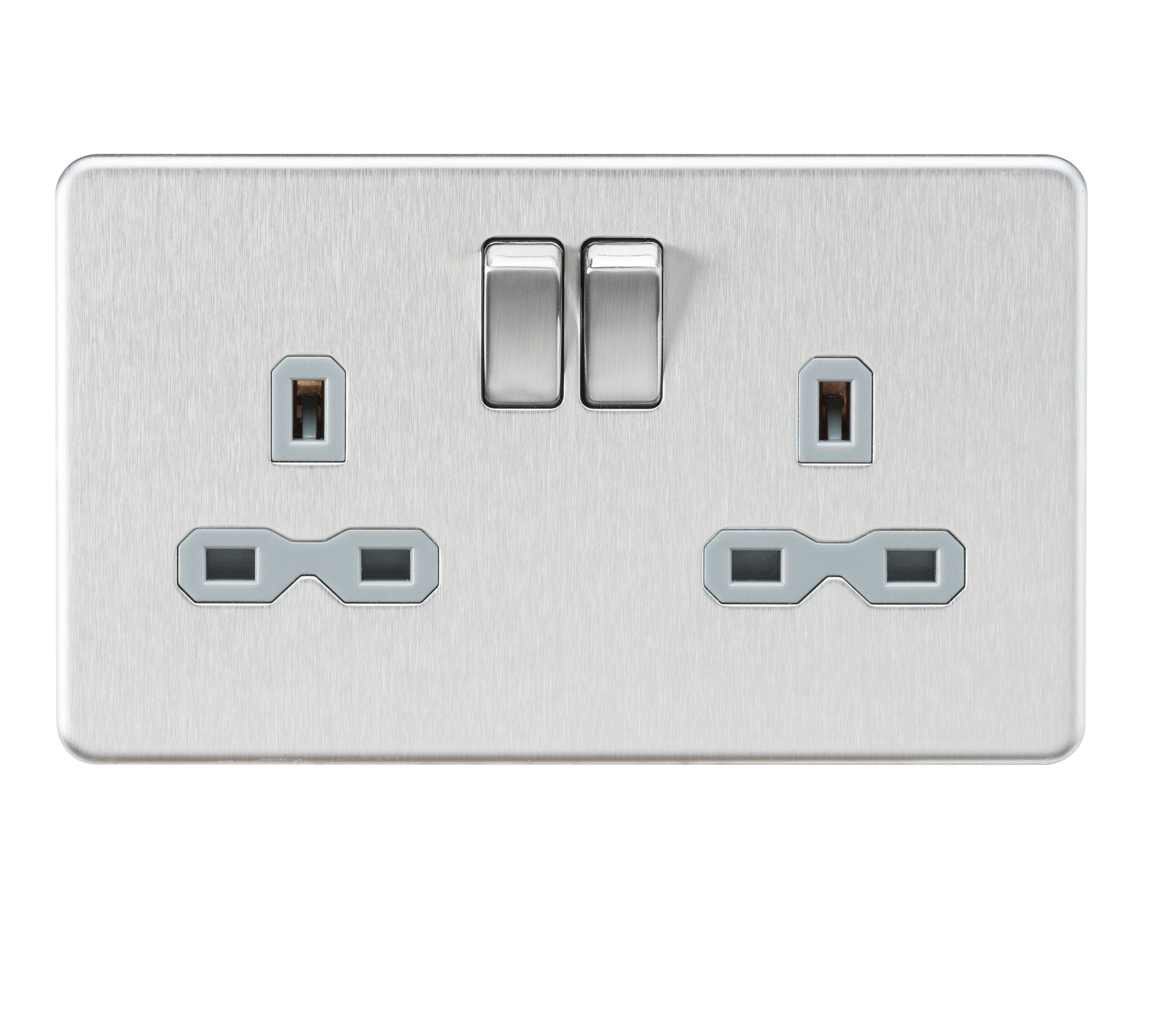 Screwless 13A 2G DP switched socket - Brushed chrome with grey insert