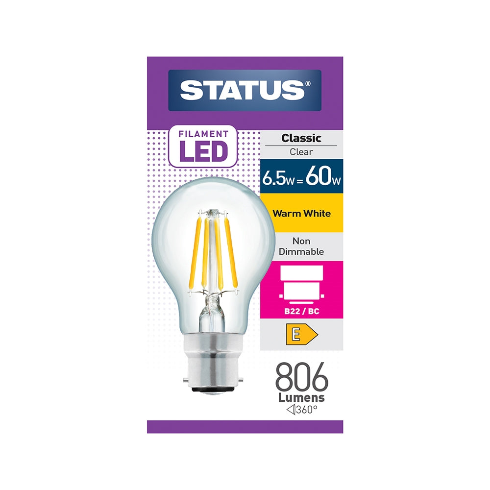 6.5 = 60w = 806 lumens - Filament LED - A60 GLS - BC - Clear - Warm White