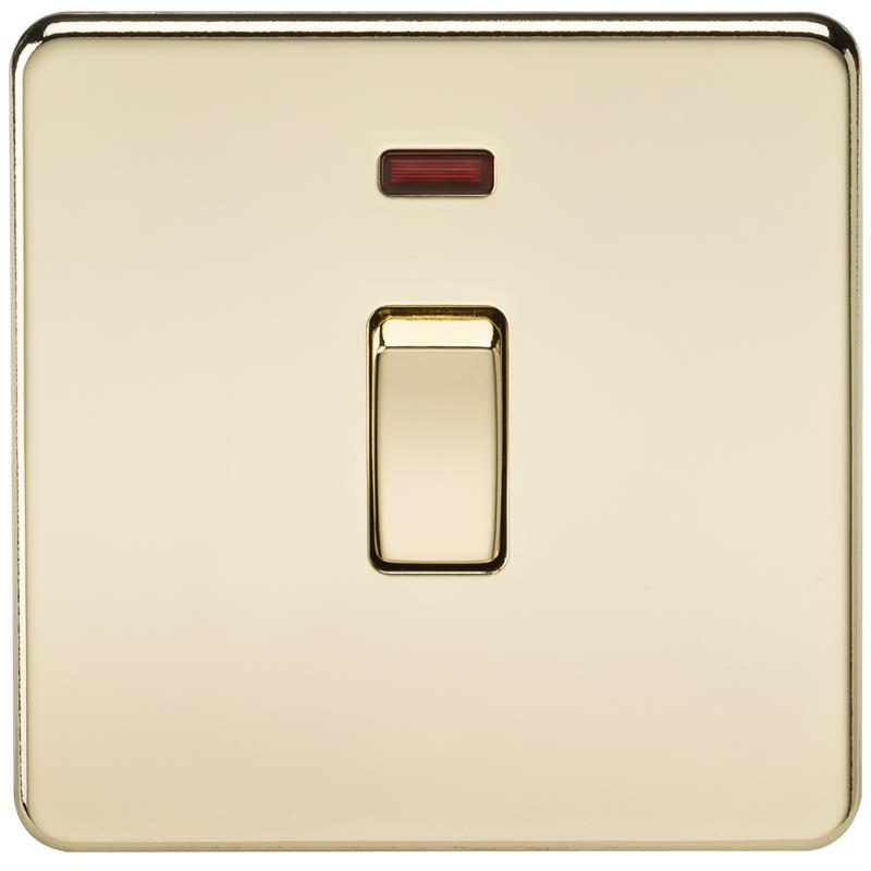 20A 1G DP 230V Screwless Polished Brass Electric Wall Plate Switch with Neon