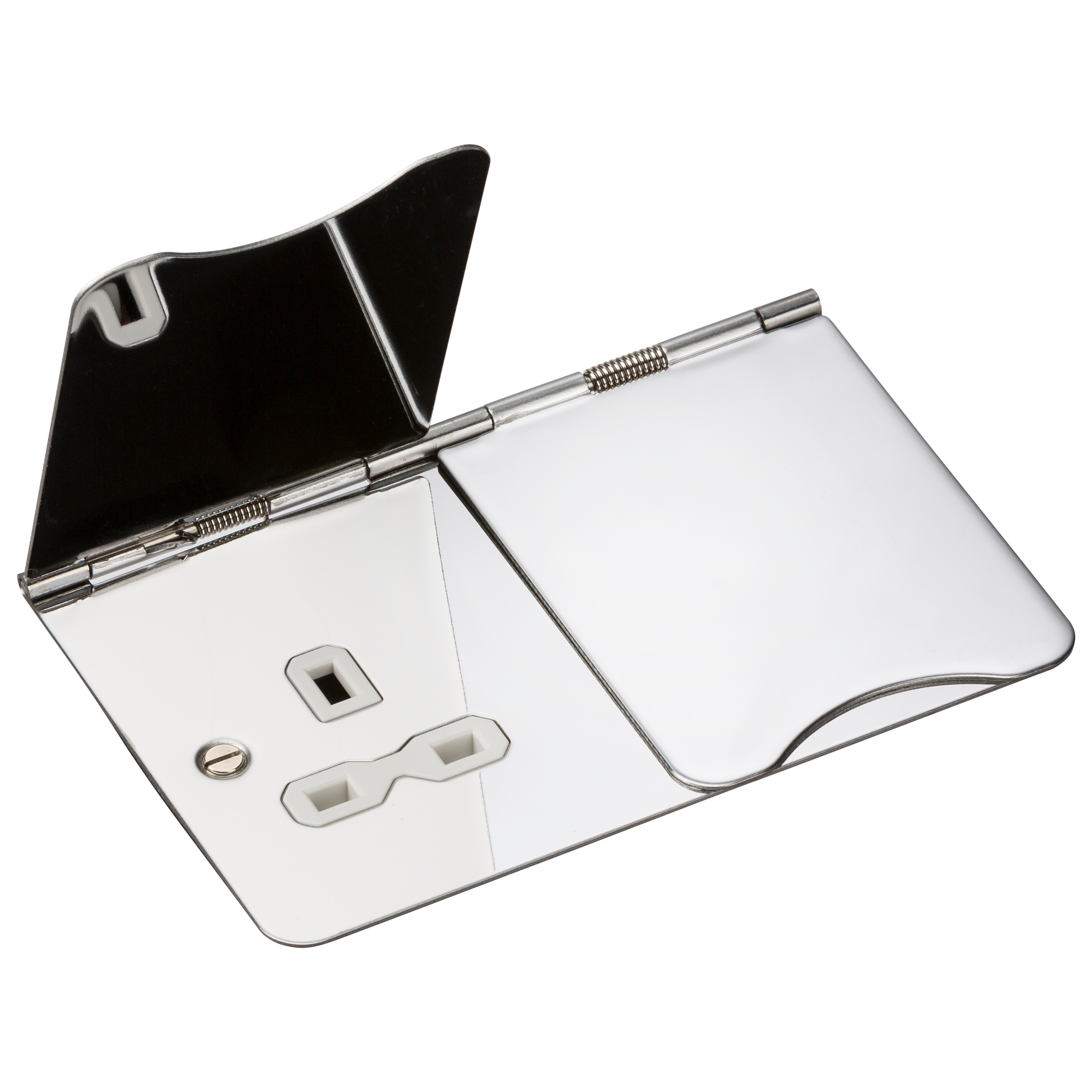 13A 2 Gang UK 3 Pin Unswitched Flat Plate Floor Socket - Polished Chrome