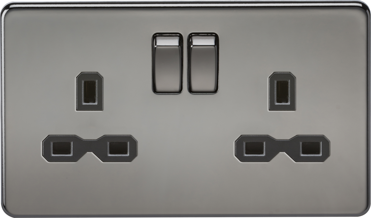 2G DP 13A Screwless Black Nickel 230V UK 3 Pin Switched Electric Wall Socket - Black Insert