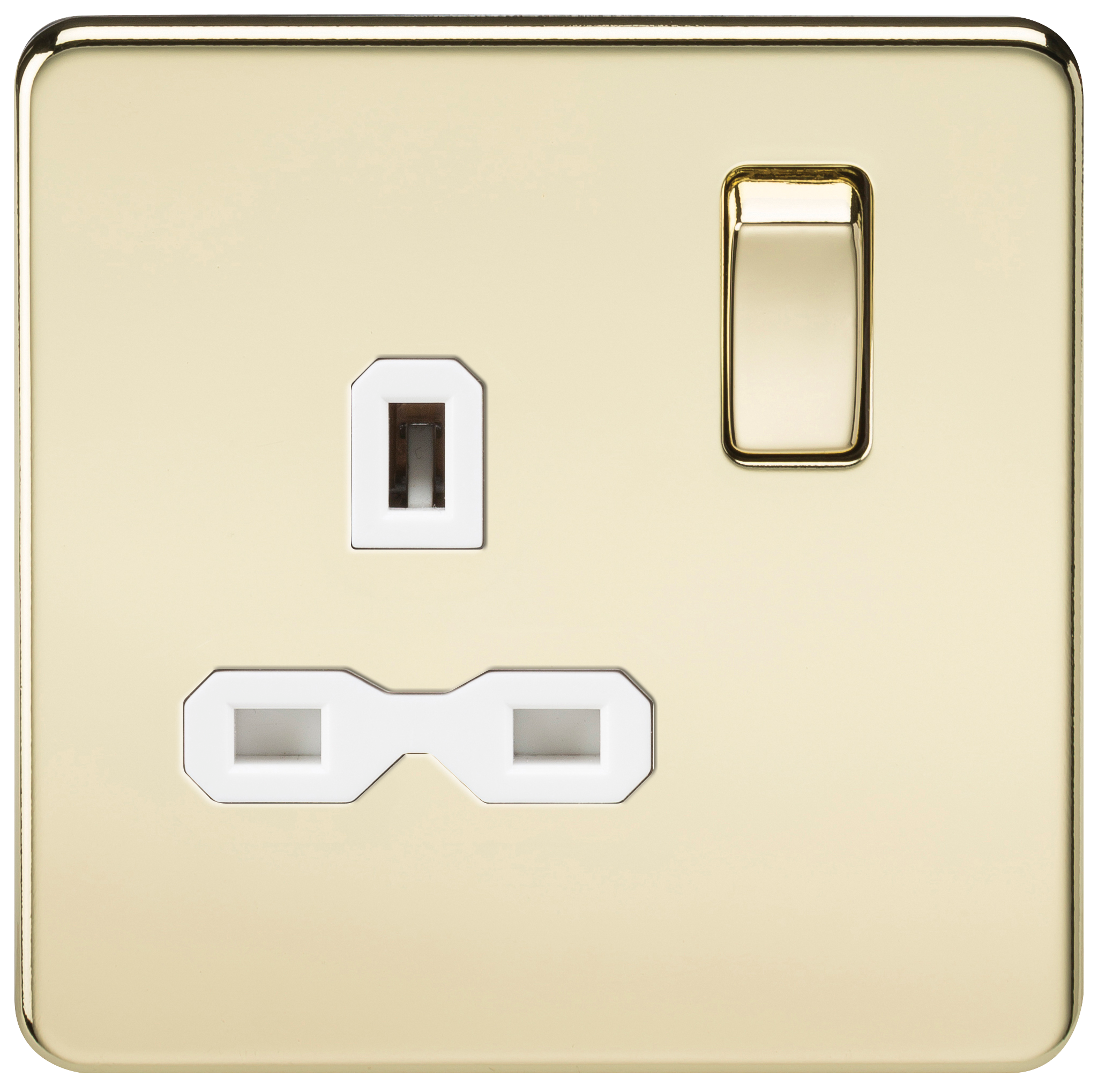 1G DP 13A Screwless Polished Brass 230V UK 3 Pin Switched Electrical Wall Socket - White Insert