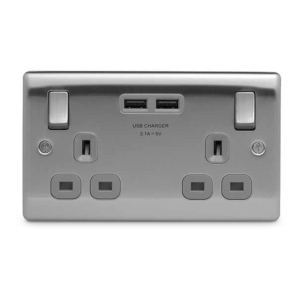 2G USB Switched Socket - Brushed Steel