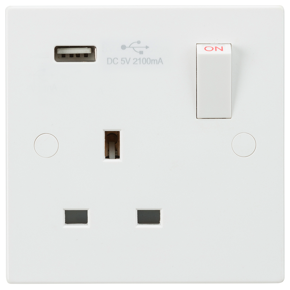 13A White 1G 230V UK 3 Switched Electric Wall Socket & USB Charger Point