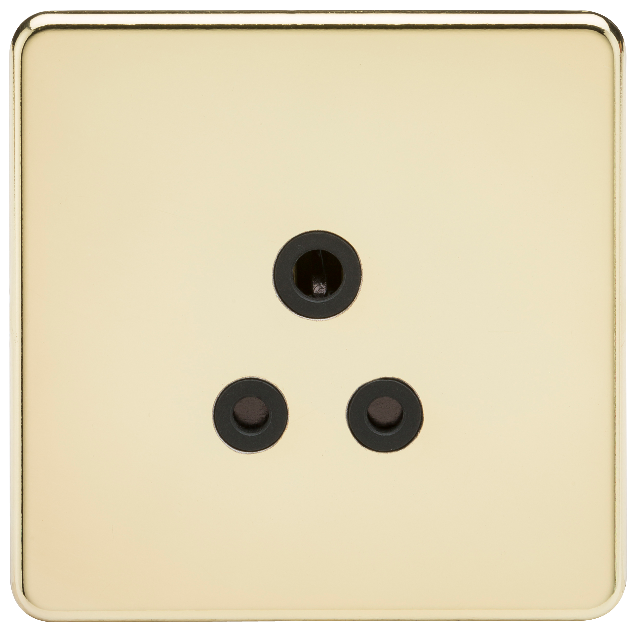 1G 5A Screwless Polished Brass Round Pin 230V Unswitched Electrical Wall Socket - Black Insert