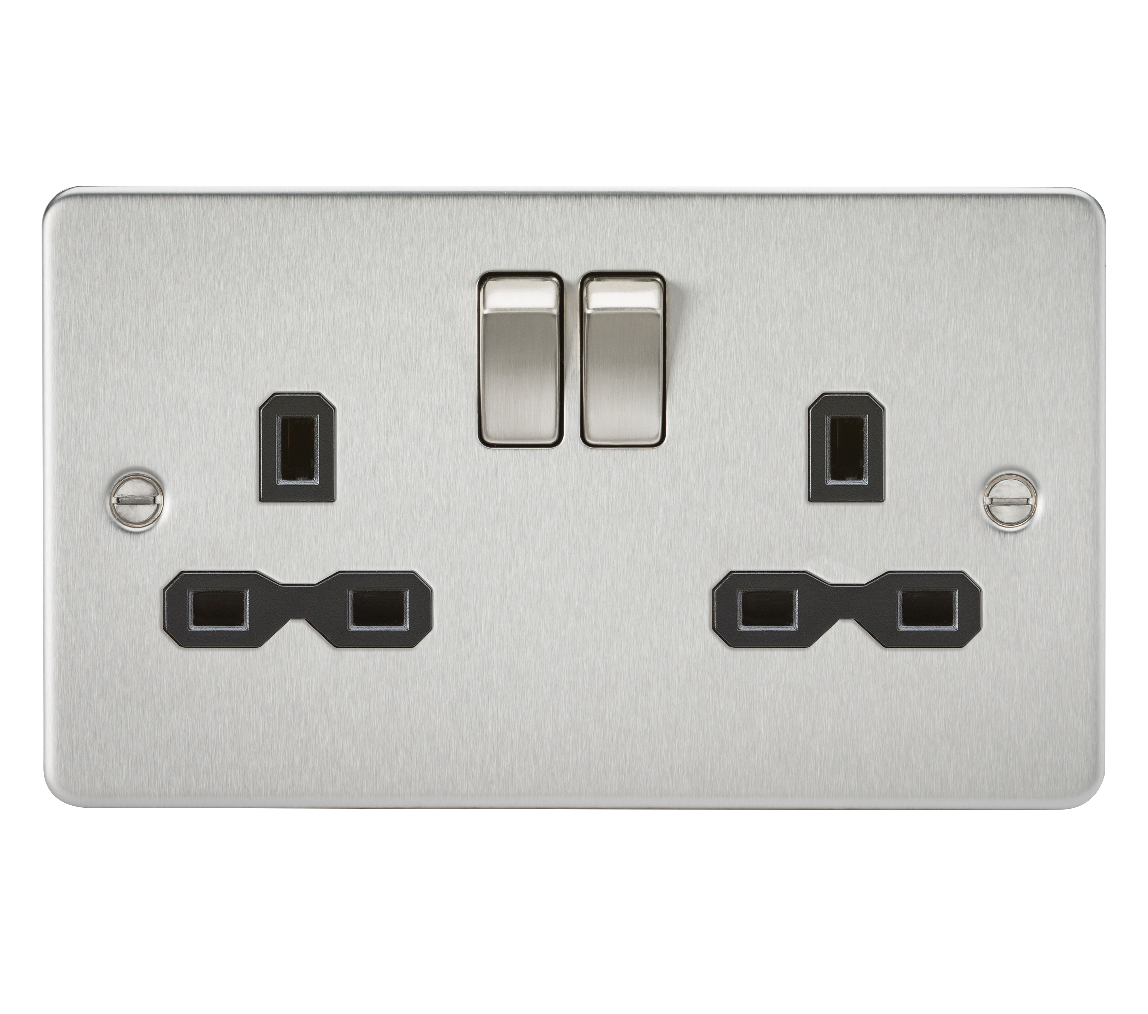 Brushed Chrome 13A 2G DP Switched Flat Plate Socket - Black Insert