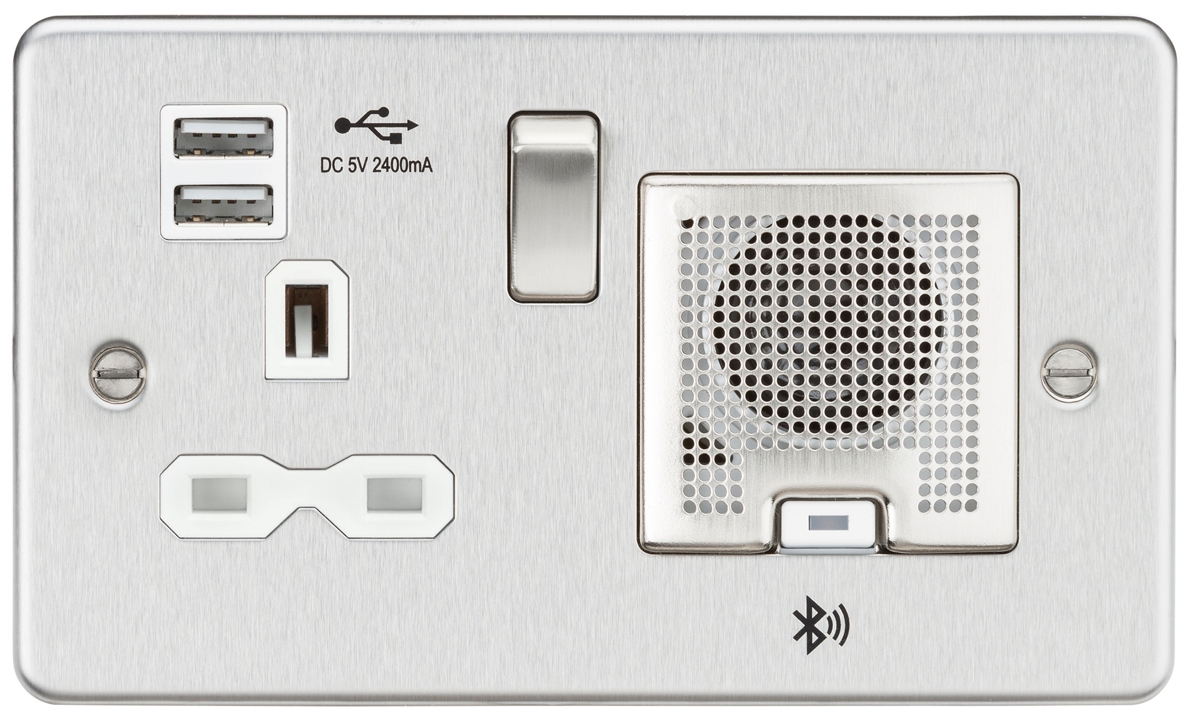 Flat Plate 13A socket, USB chargers (2.4A) and Bluetooth Speaker - Brushed chrome with white insert