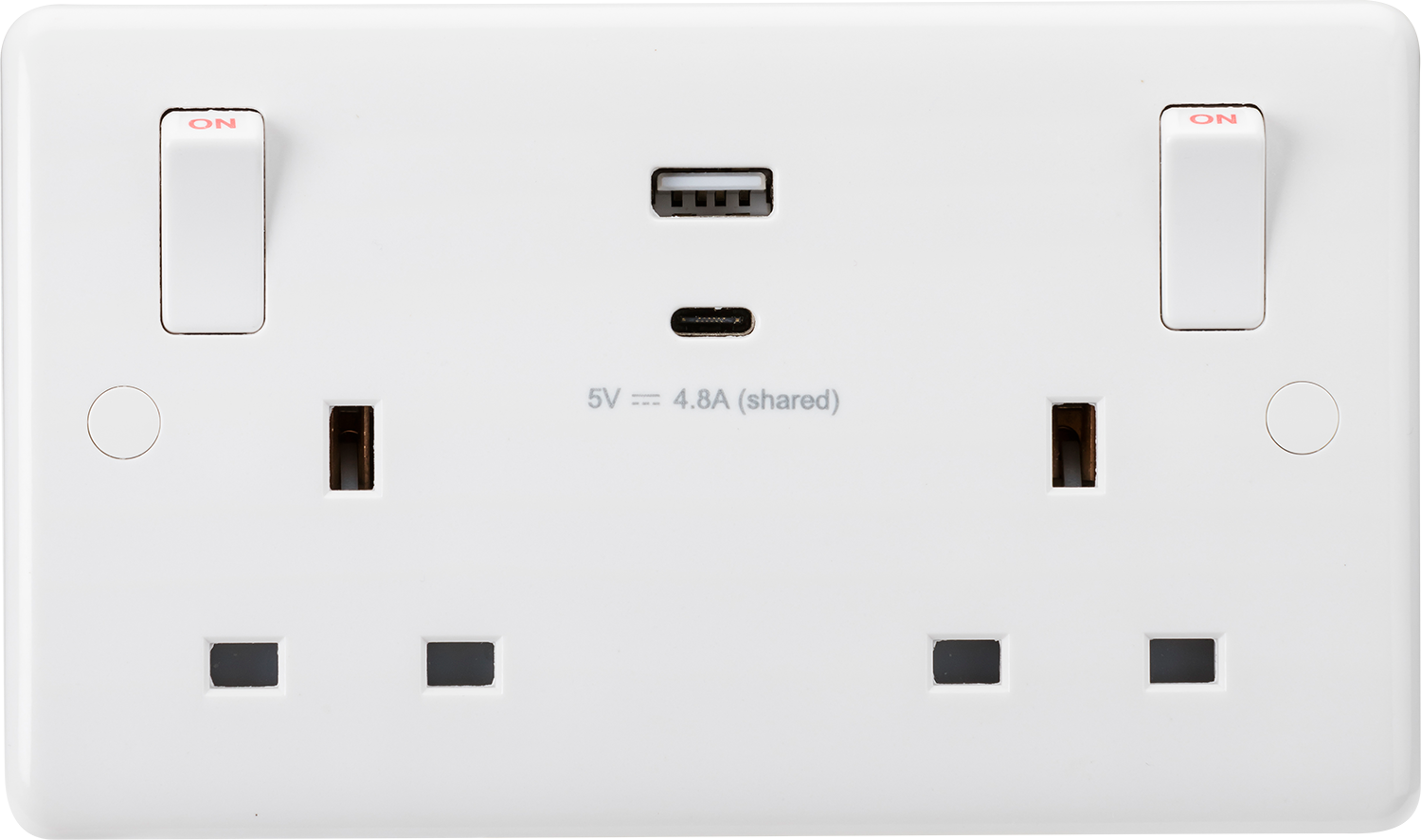 13A 2G Switched socket with outboard rockers and dual USB (A+C) 5V DC 4.8A shared