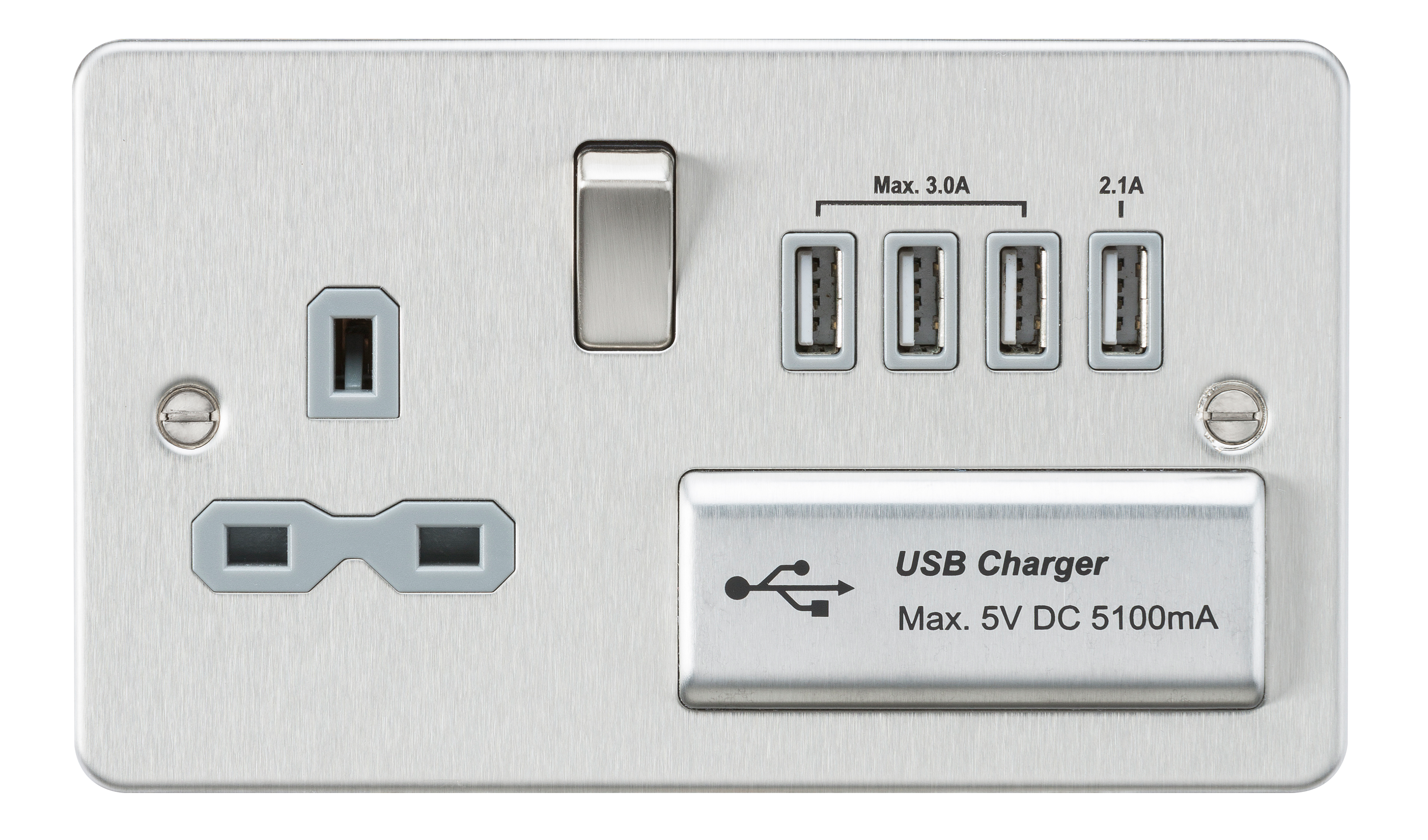 Flat plate 13A switched socket with quad USB charger - brushed chrome with grey insert