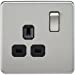 1G 13A Screwless Brushed Chrome 230V UK 3 Pin Switched Electrical Wall Socket - Black Insert