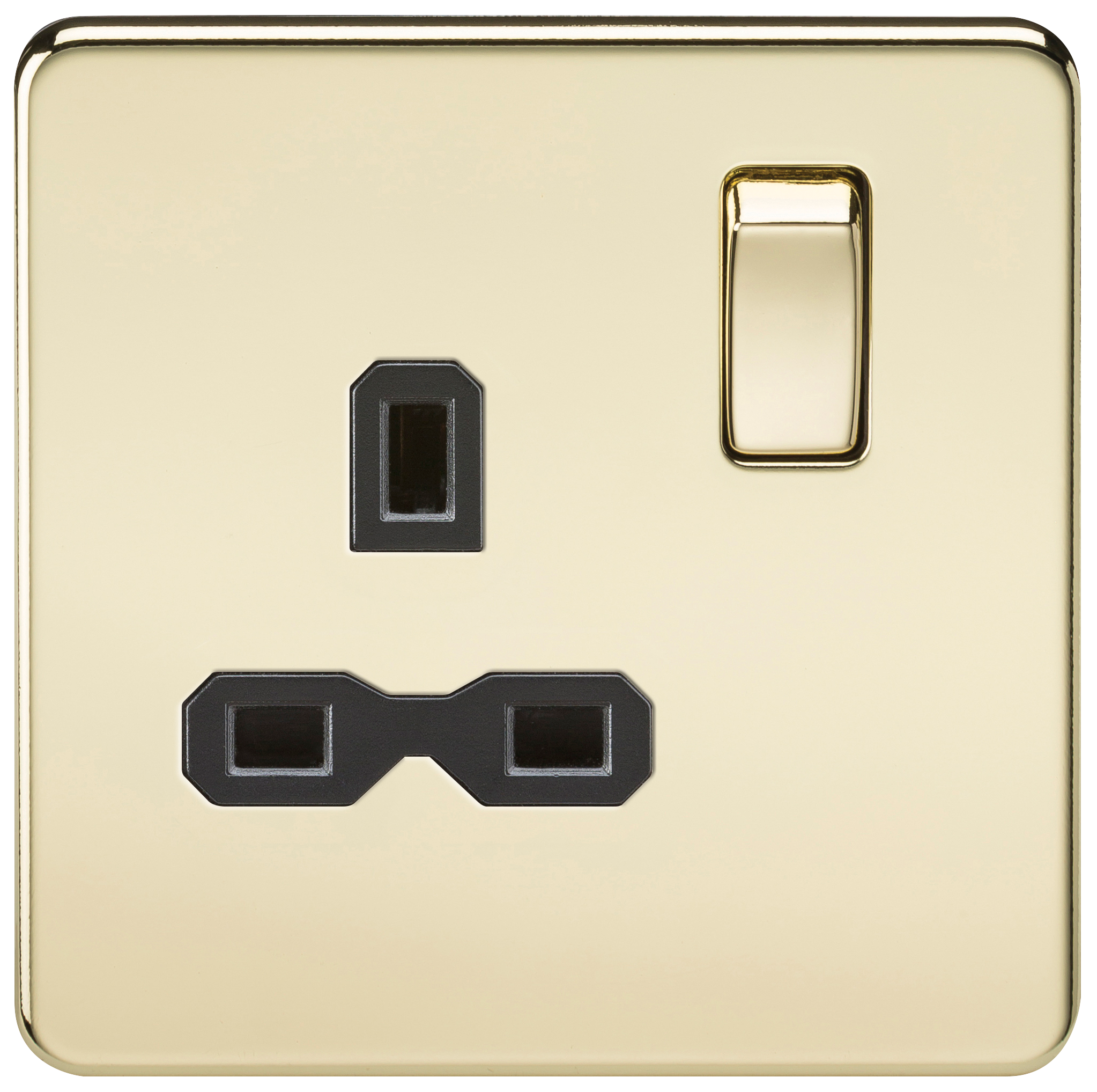 1G DP 13A Screwless Polished Brass 230V UK 3 Pin Switched Electrical Wall Socket - Black Insert