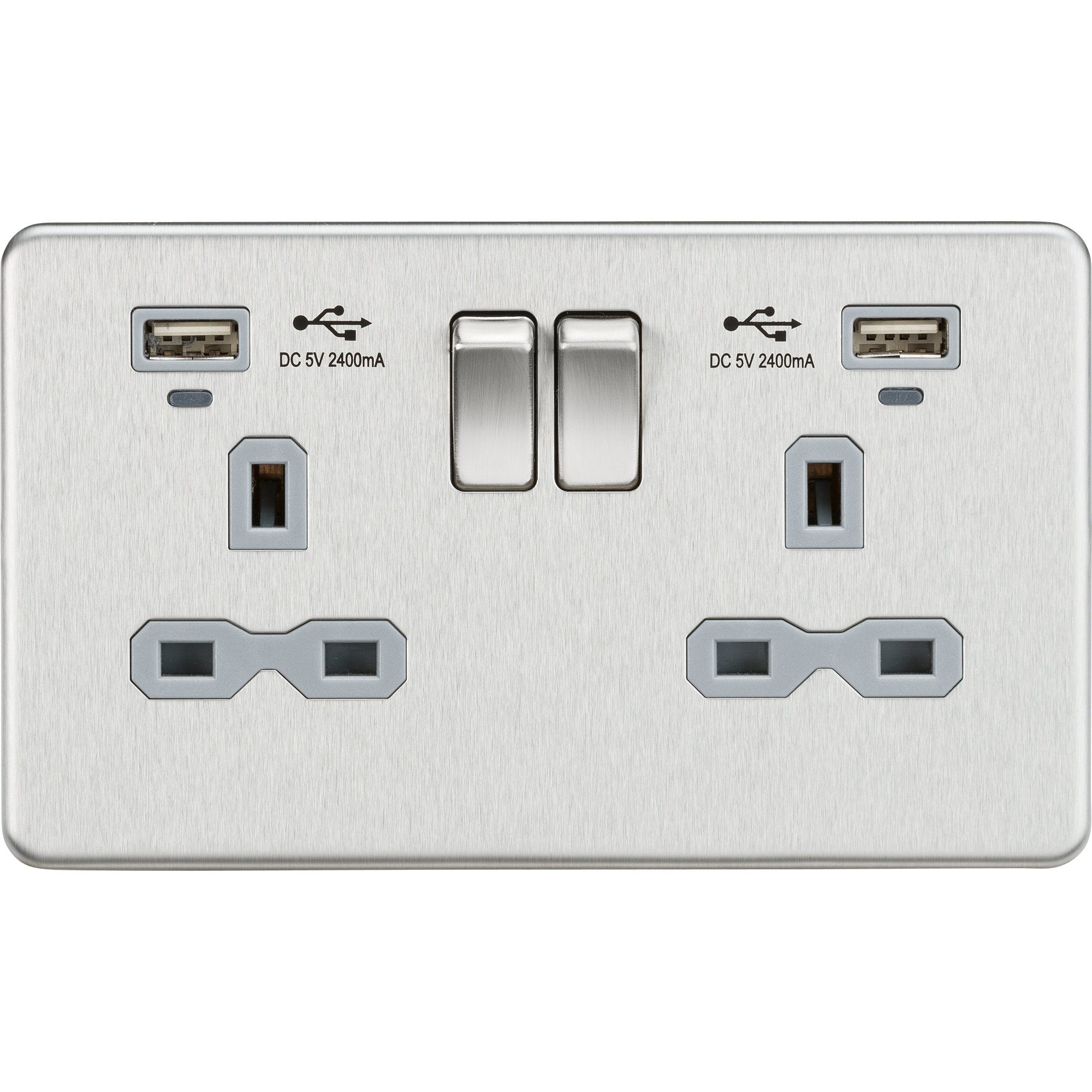 13A 2G Switched Socket, Dual USB (2.4A) with LED Charge Indicators - Brushed Chrome w/grey insert
