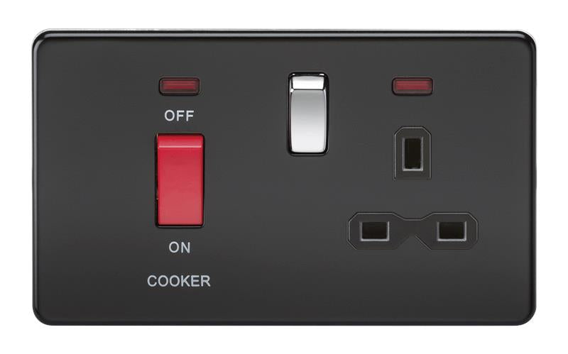 45A 2G DP 230V Screwless Matt Black Electric Switch With Neon and Socket