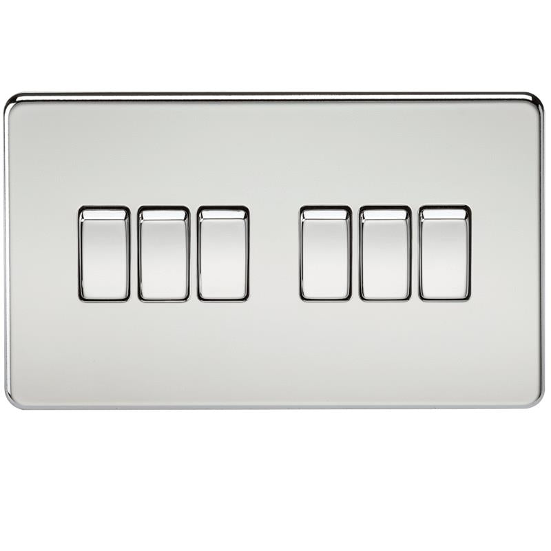 10A 6G 2 Way 230V Screwless Polished Chrome Electric Wall Plate Switch