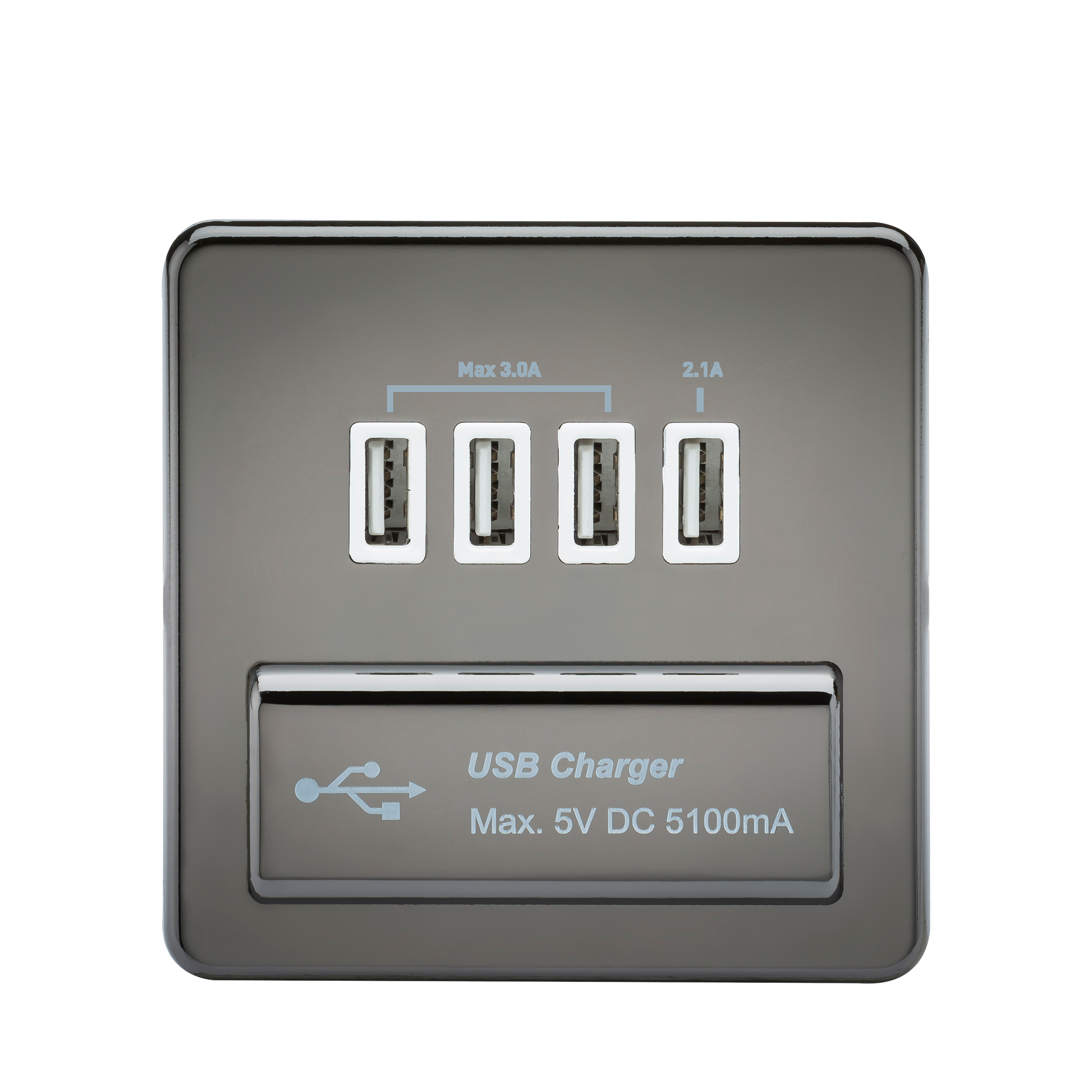 1G Screwless Black Nickel Quad USB 5V Charger Outlet - White Insert