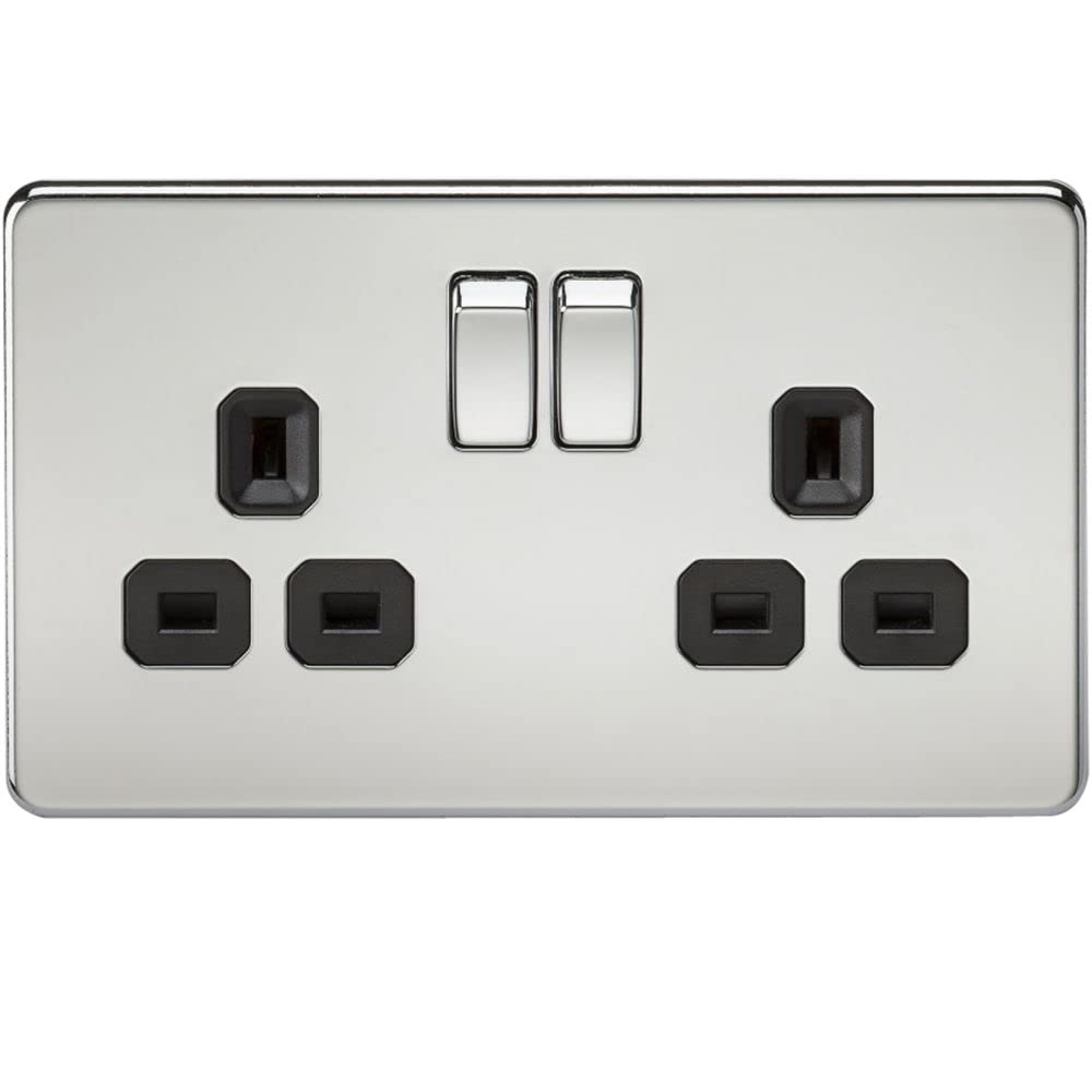 2G DP 13A Screwless Polished Chrome 230V UK 3 Pin Switched Electric Wall Socket - Black Insert
