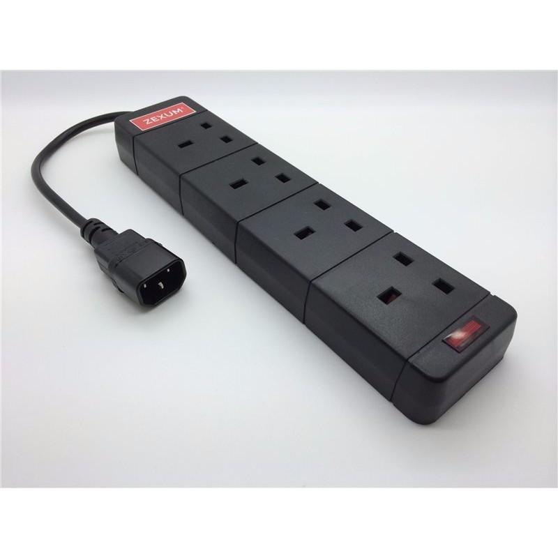 Deluxe IEC C14 Male to 13A 4 Gang UK Mains Adapter Trailing Socket Lead with Neon - 0.5m