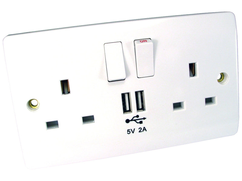Sline 13A White 2G 230V UK 3 Switched Electric Wall Socket & 2 USB Charger Port