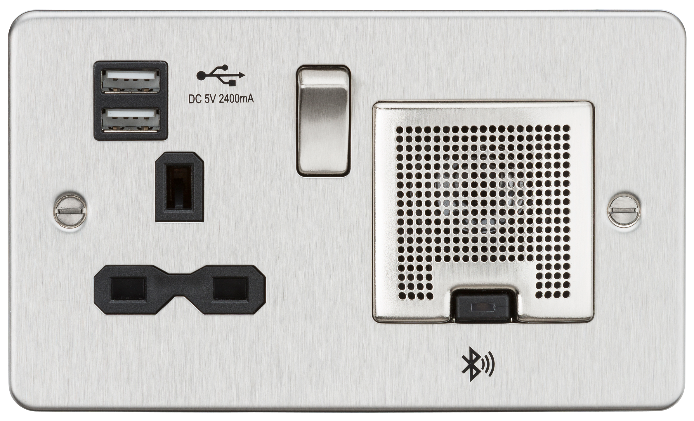 Flat Plate 13A socket, USB chargers (2.4A) and Bluetooth Speaker - Brushed chrome with black insert