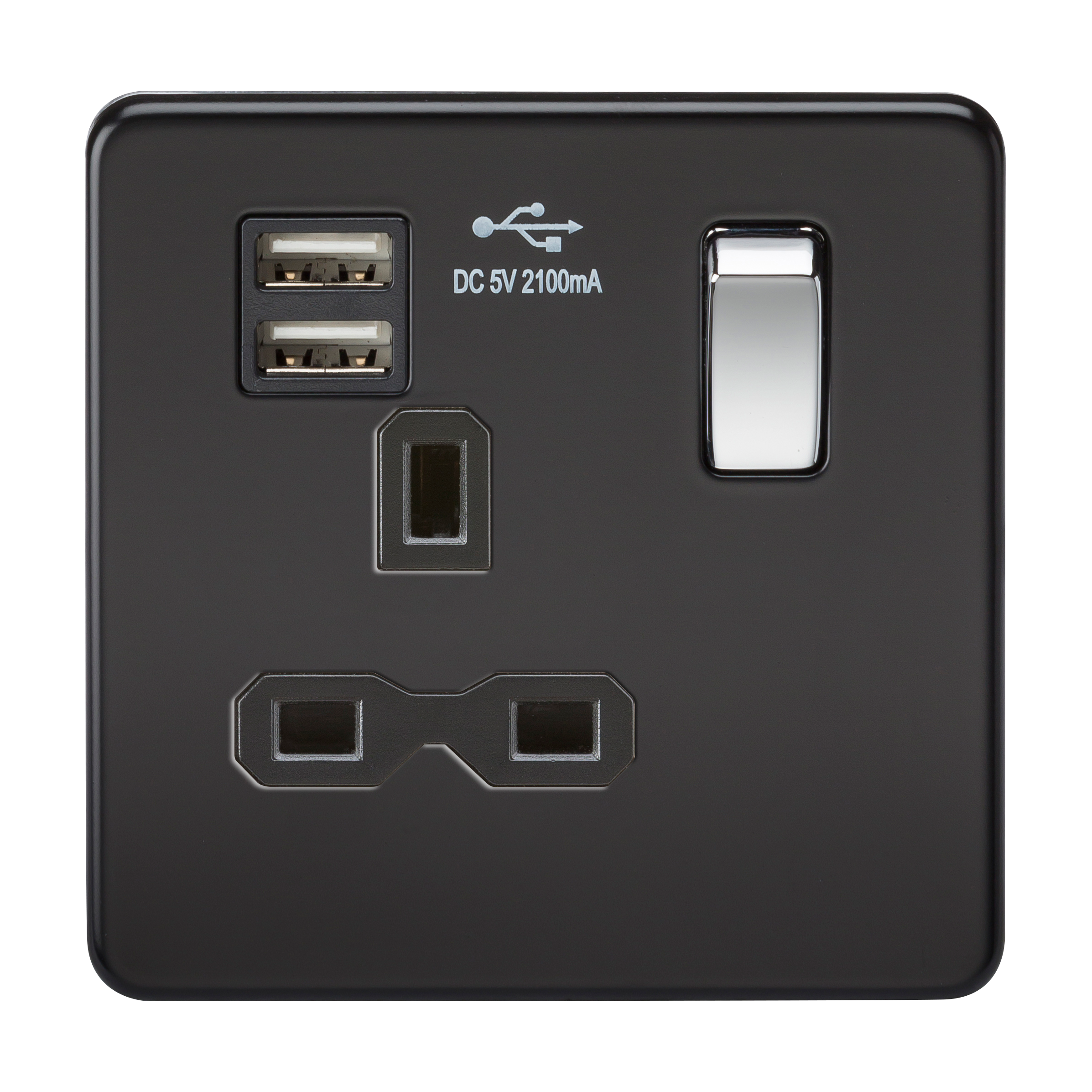 1G 13A Screwless Matt Black 1G Switched Socket with Dual 5V USB Charger Ports