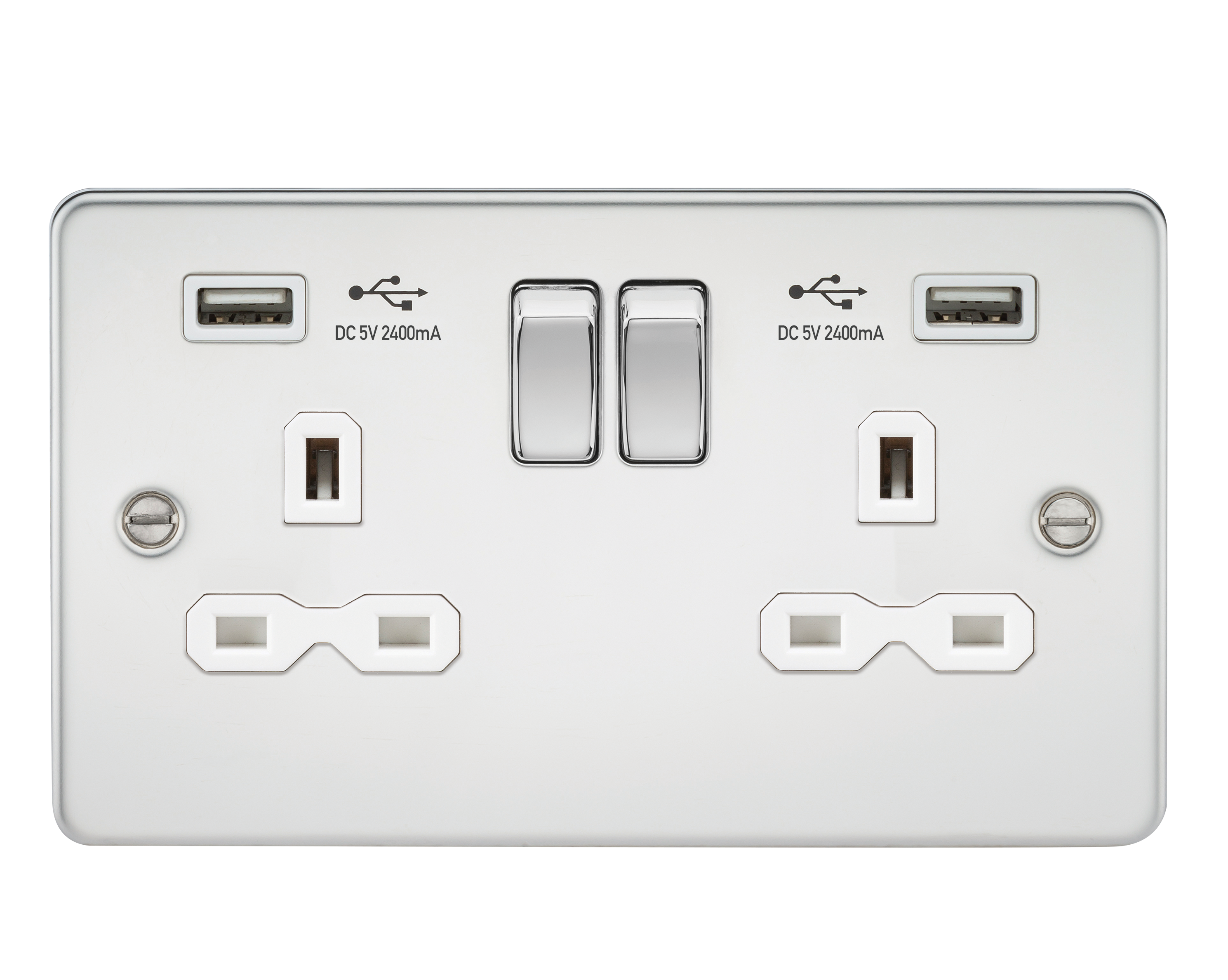 13A 2G switched socket with dual USB charger A + A (2.4A) - Polished chrome with white insert